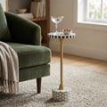 21 Inch Black White and Gold Faux Marble and Iron Round Pedestal End Table