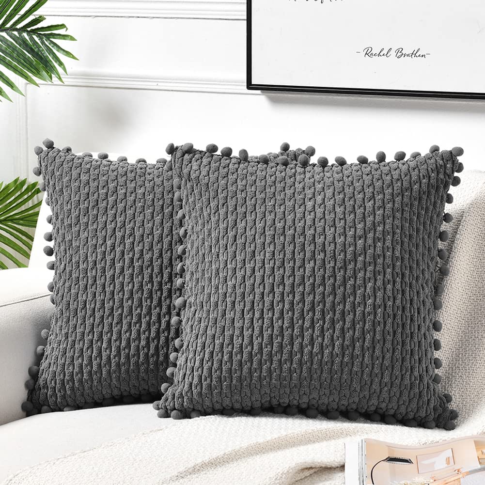 Fancy Homi Set of 2 Dark Gray Decorative Throw Pillow Covers 20x20 Inch with Pom-poms for Couch Bedroom Living Room, Modern Farm