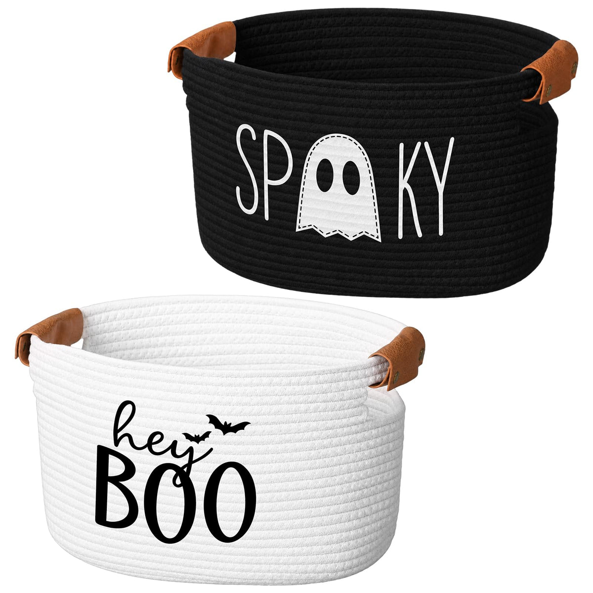 Potchen 2 Pcs Halloween Boo Cotton Rope Basket with Handles