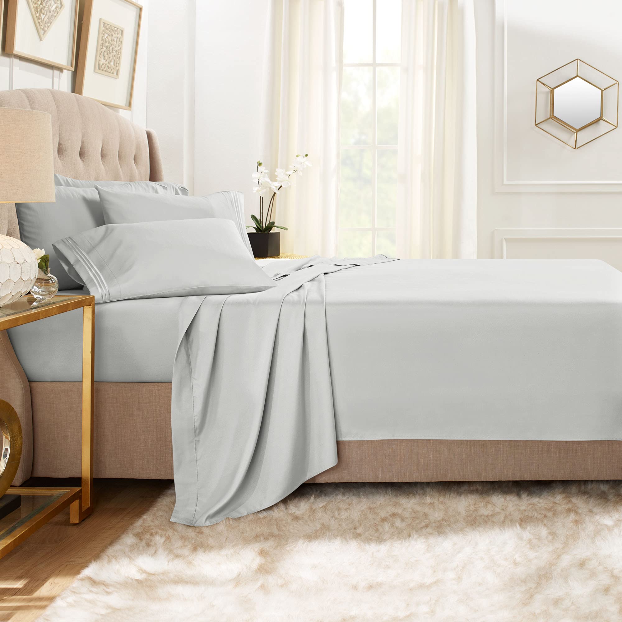 Clara Clark King Sheets, 6 Piece Set - Hotel Luxury Sheets For King Size Bed, Super Soft Bedding Sheets & Pillowcases, King Size Sheets, Silver