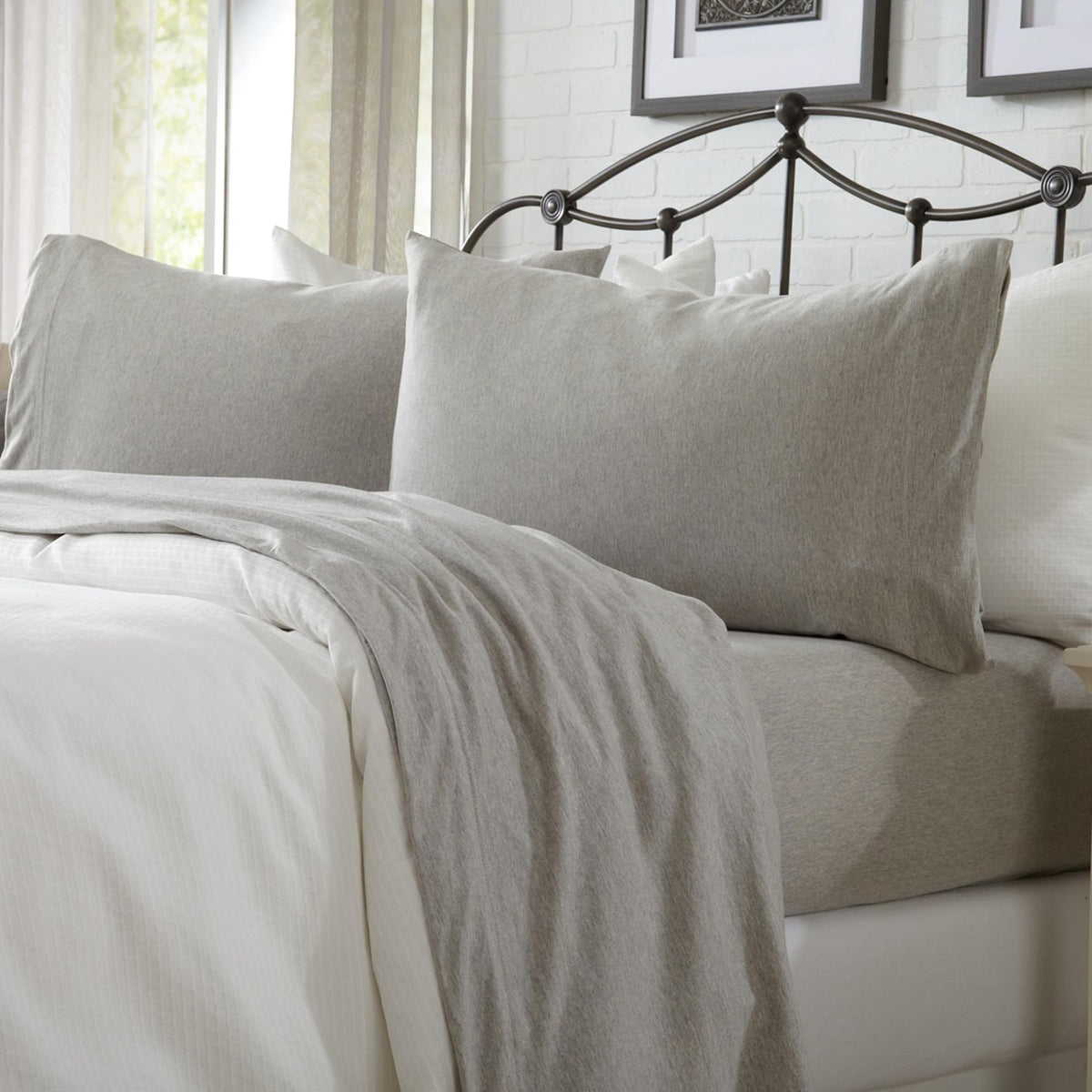 Cotton Jersey Knit Full Sheet Set - Ultra-Soft, Stretchy, Heathered Melange Light Grey Bed Sheets - Cozy, Soft T-Shirt Sheet & P
