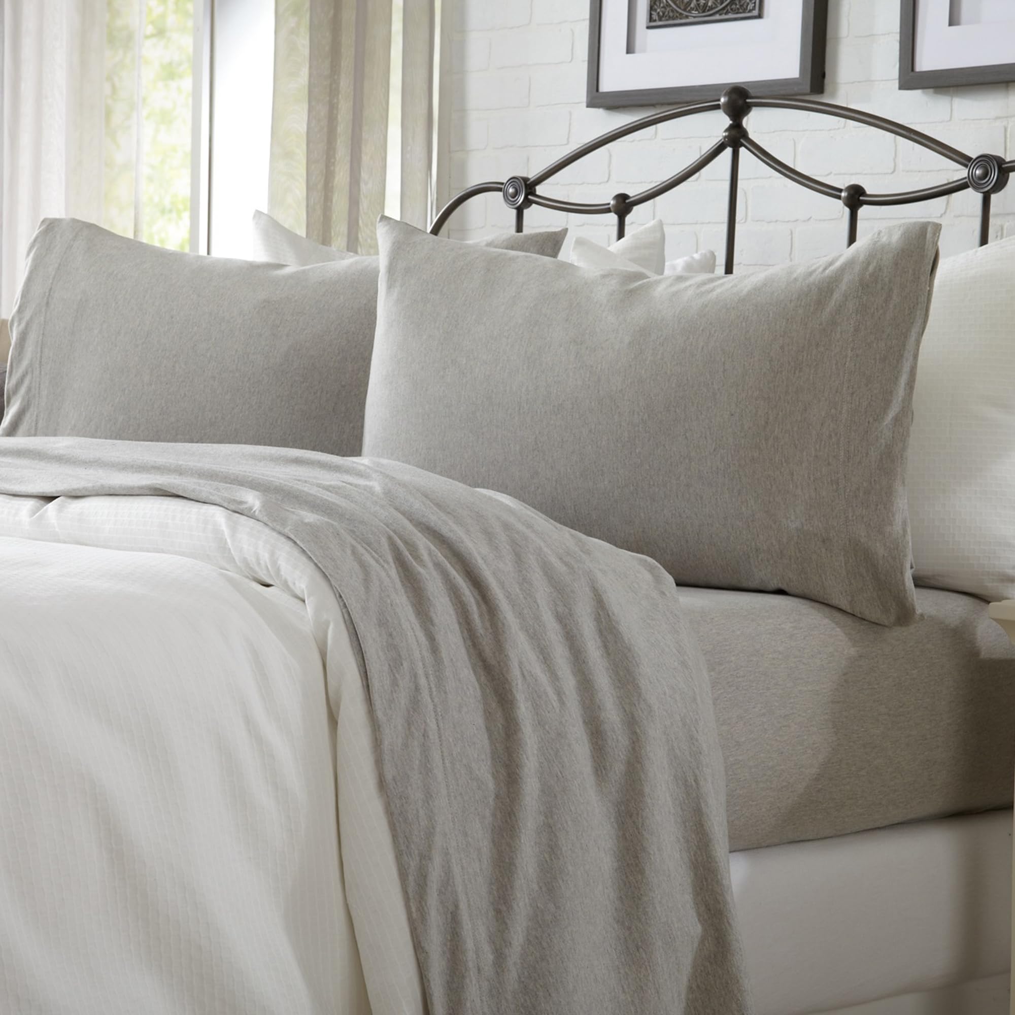 Cotton Jersey Knit Full Sheet Set - Ultra-Soft, Stretchy, Heathered Melange Light Grey Bed Sheets - Cozy, Soft T-Shirt Sheet & P