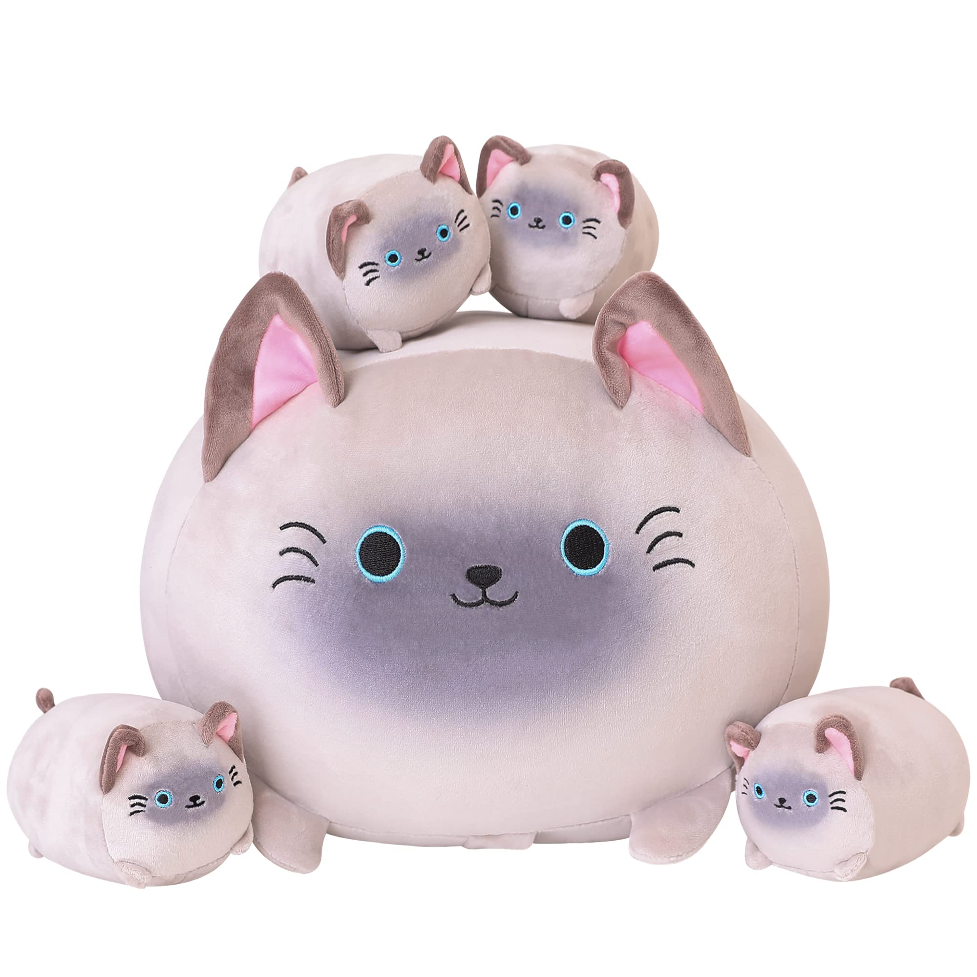 SQEQE Siamese Cat Plush, Cute Siamese Cat Stuffed Animals Mommy with 4 Squishy Kitties in her Tummy, Soft Siamese Cat Plushies P