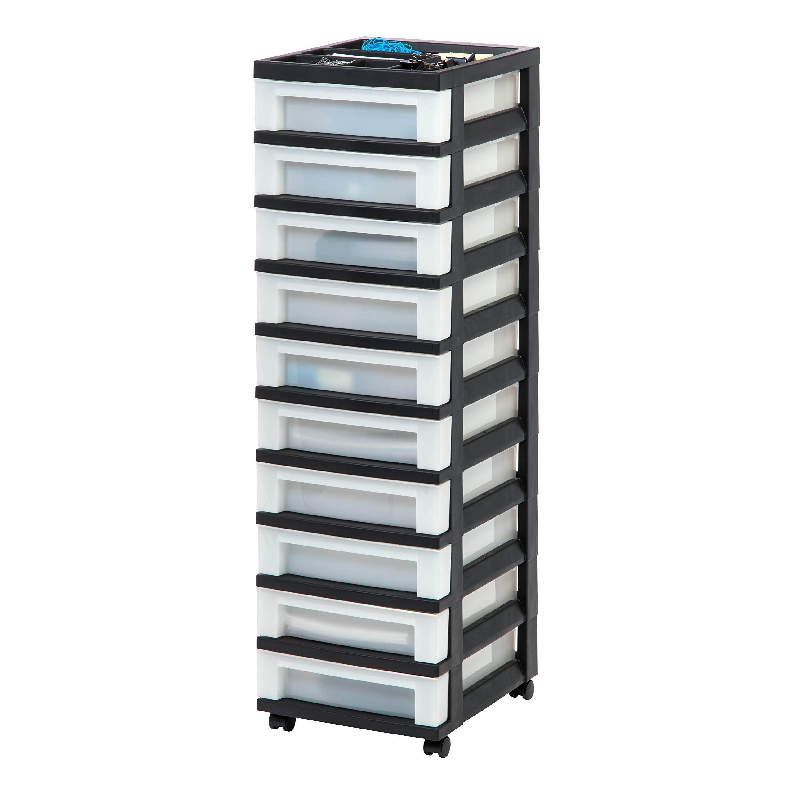 Iris Usa Plastic Drawer Storage Organizer Rolling Cart, With Wheels Casters, 10-Drawers, For Classroom Art Craft Supplies Dresser Closet Bathroom Bedroom, Top Organizer For Small Parts, Black/Pearl