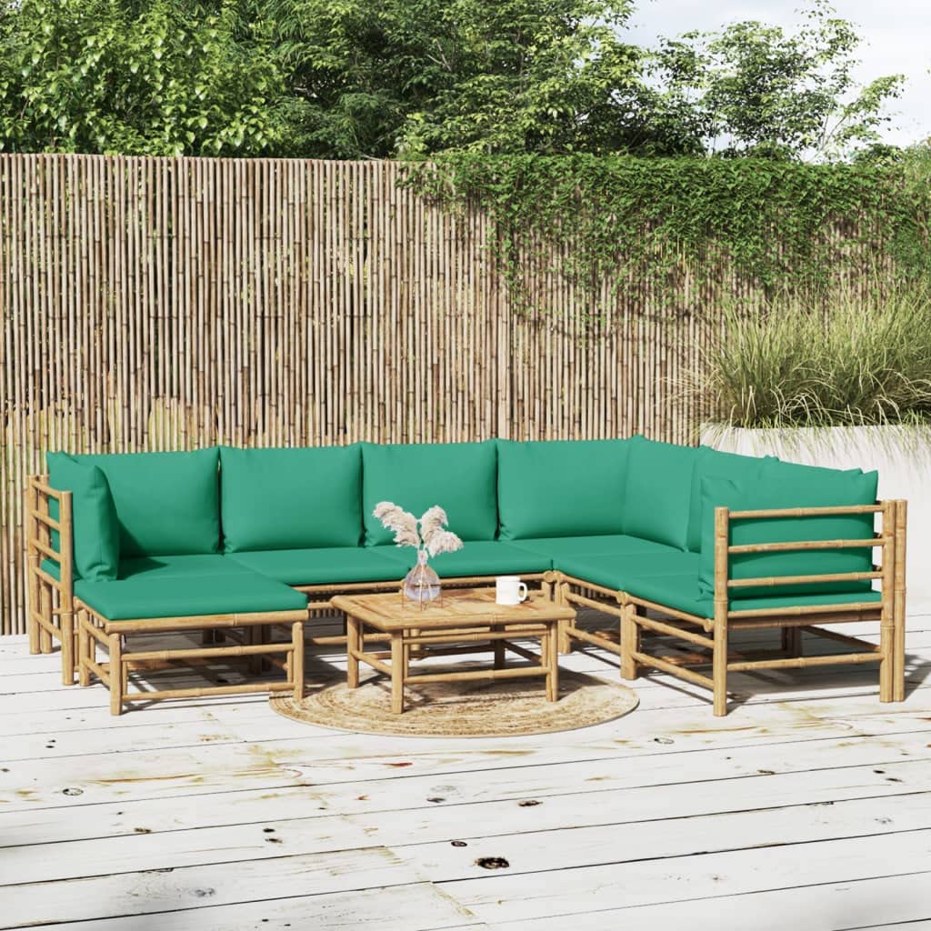 vidaXL 8 Piece Patio Lounge Set with Green Cushions Bamboo