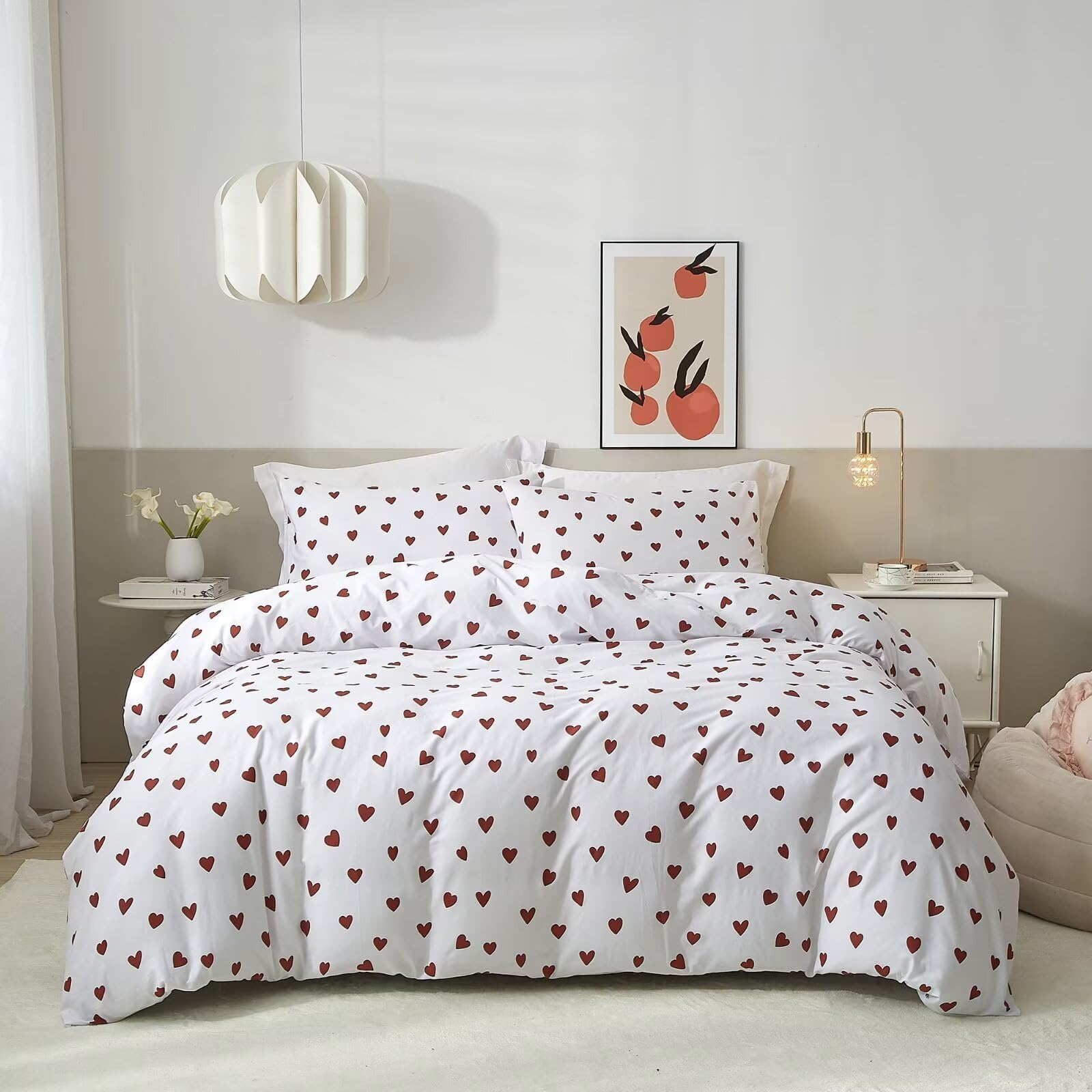 Mucalis Red Heart Duvet Cover King 100% Cotton Love Heart Duvet Cover Set Cute 3 Piece White Bedding Set With Zipper Closure Cor