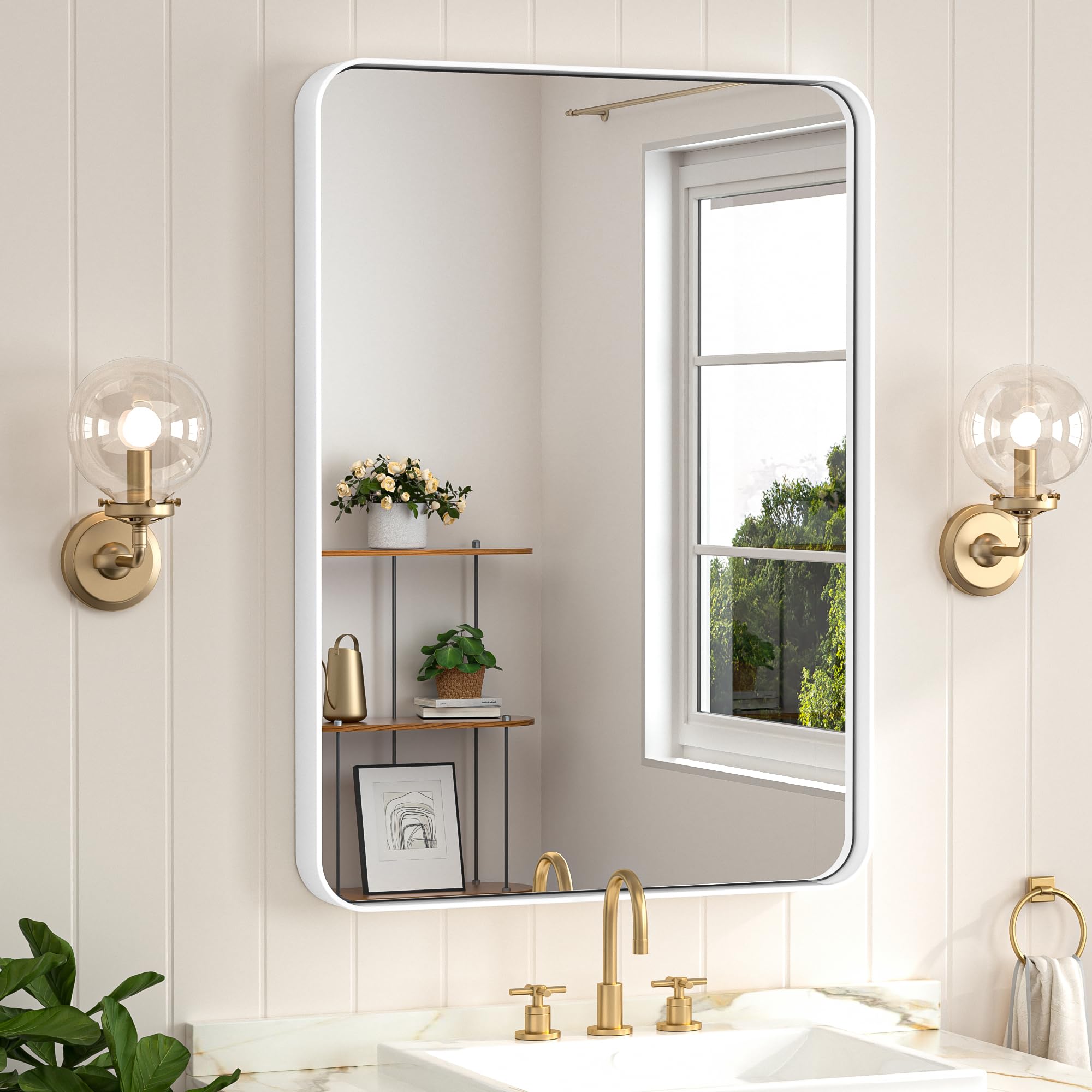 Keonjinn White Bathroom Mirror for Over Sink, 24 x 32 Inch Metal Framed Bathroom Vanity Mirrors for Wall, Rounded Corner Rectang
