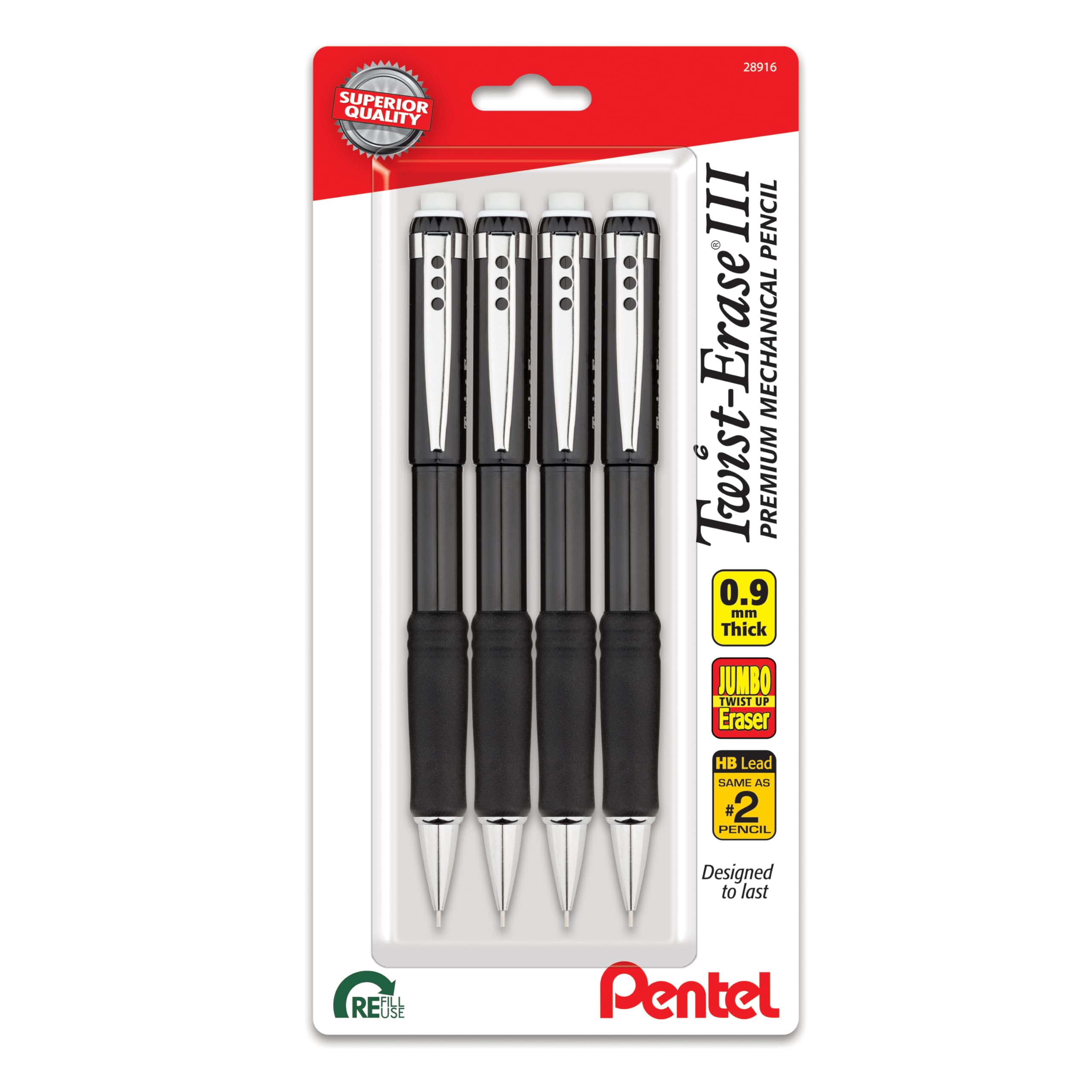 Pentel Twist-Erase Iii Mechanical Pencil, (0.9Mm), Bold Line, Black Barrel, Pack Of 4 (Qe519Bp4A)