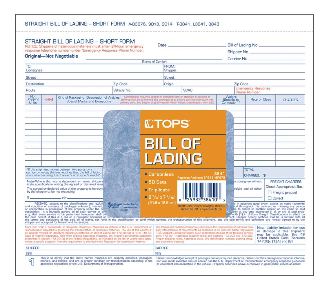 Tops Snap-Off Triplicate Bill Of Lading Short Form With Hazardous Material Info 50 Pack (3841),Blue; White,7 7/16 X 8 1/2
