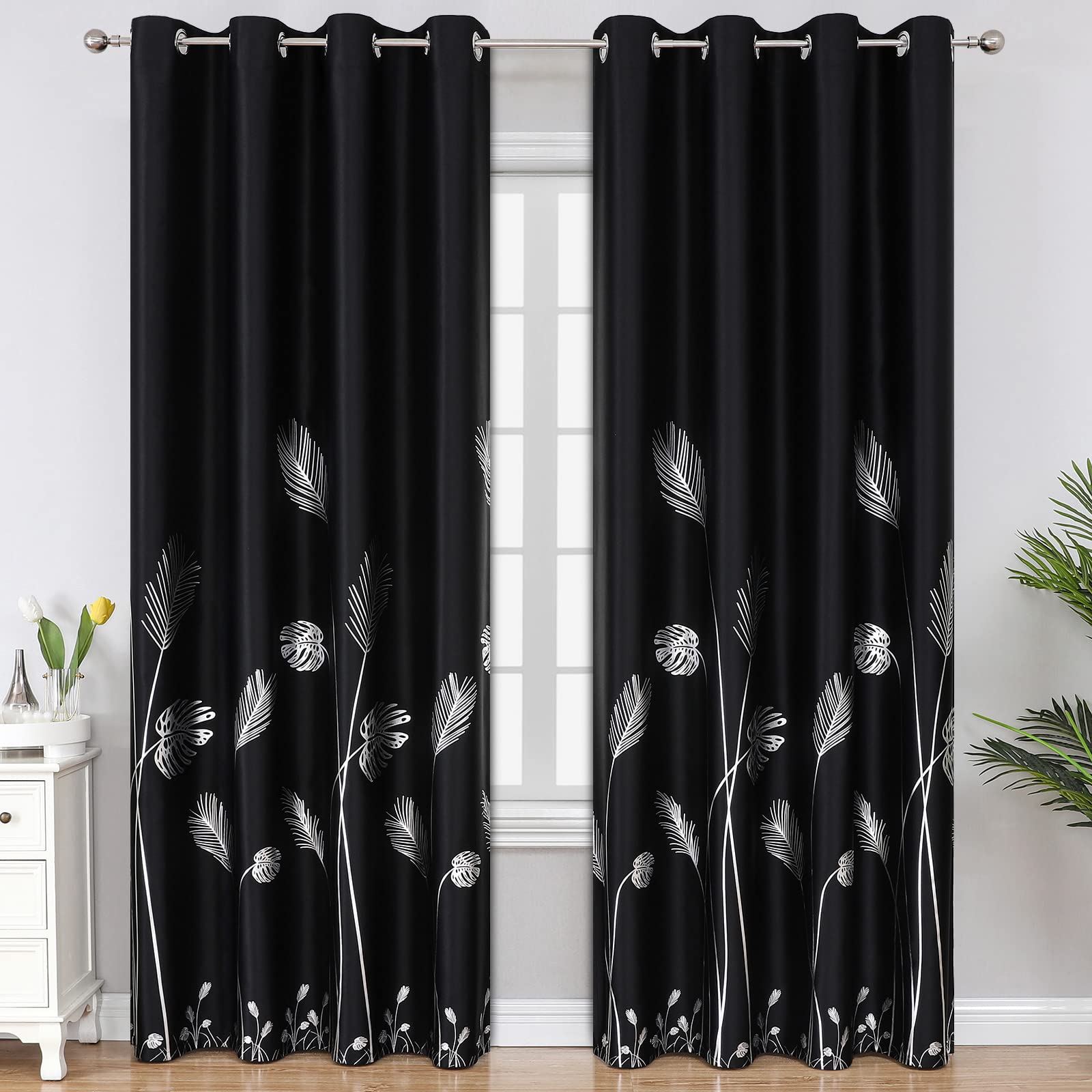 Estelar Textiler Black Blackout Curtains 108 Inches Length Silver Palm Pattern Window Curtain Panels Thermal Insulated Energy Sa
