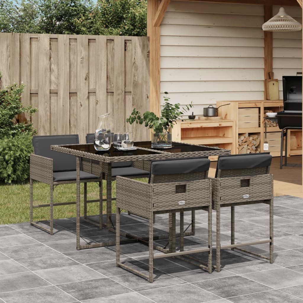 vidaXL 5 Piece Patio Dining Set - Gray Poly Rattan Furniture with Cushions and Glass Table - Outdoor/Garden/Backyard