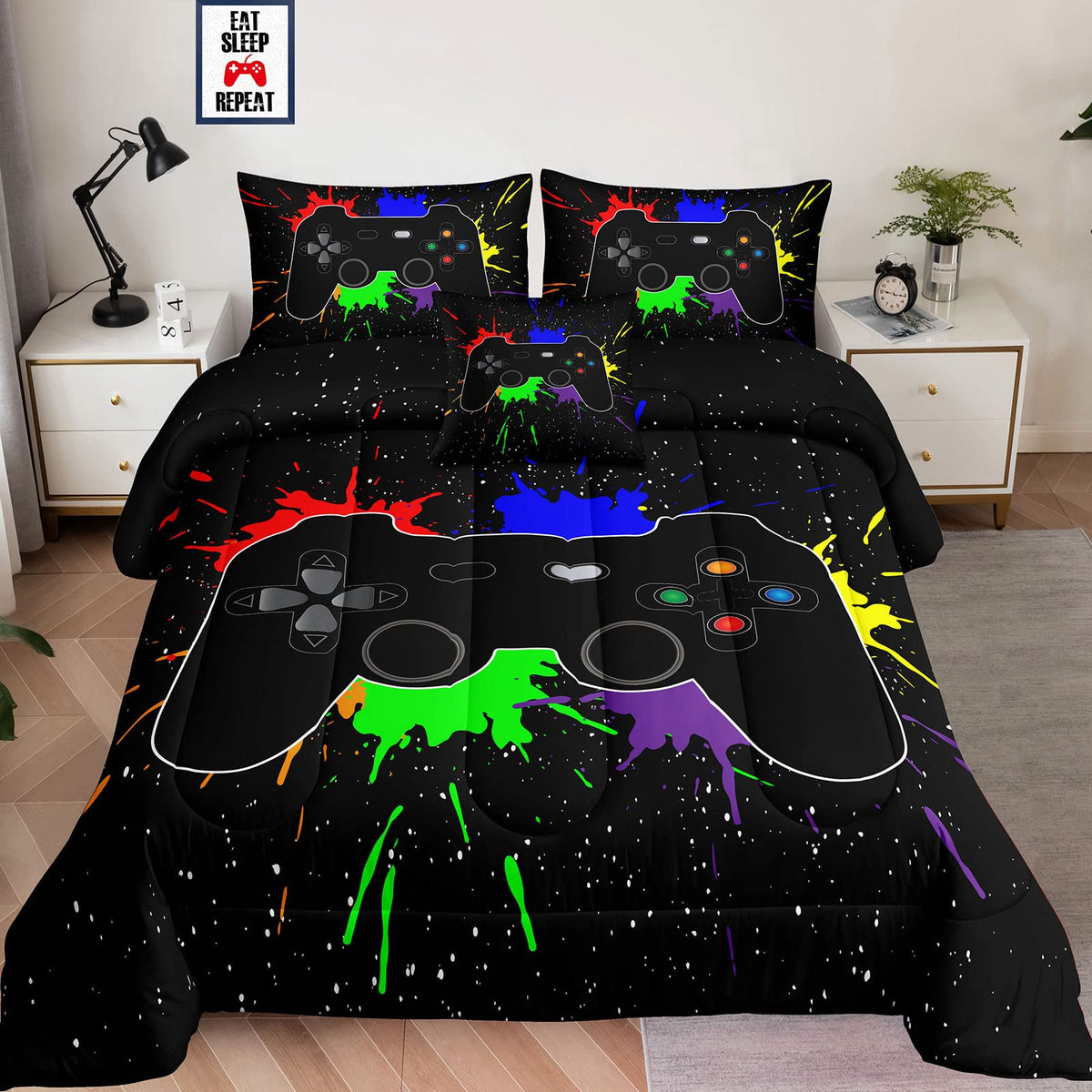 Lris Bedding Boys Gamer Comforter Sets Twin Size For Kids Bedding,5 Piece Bed In A Bag Gaming Bedding Set,Boys Game Console Patt