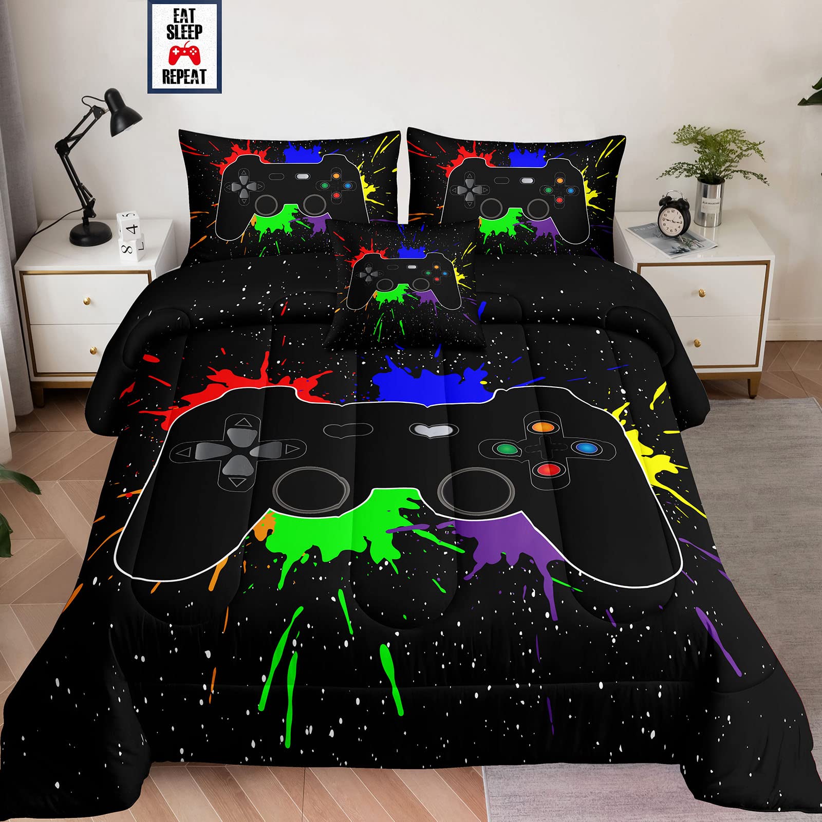 Lris Bedding Boys Gamer Comforter Sets Twin Size For Kids Bedding,5 Piece Bed In A Bag Gaming Bedding Set,Boys Game Console Patt
