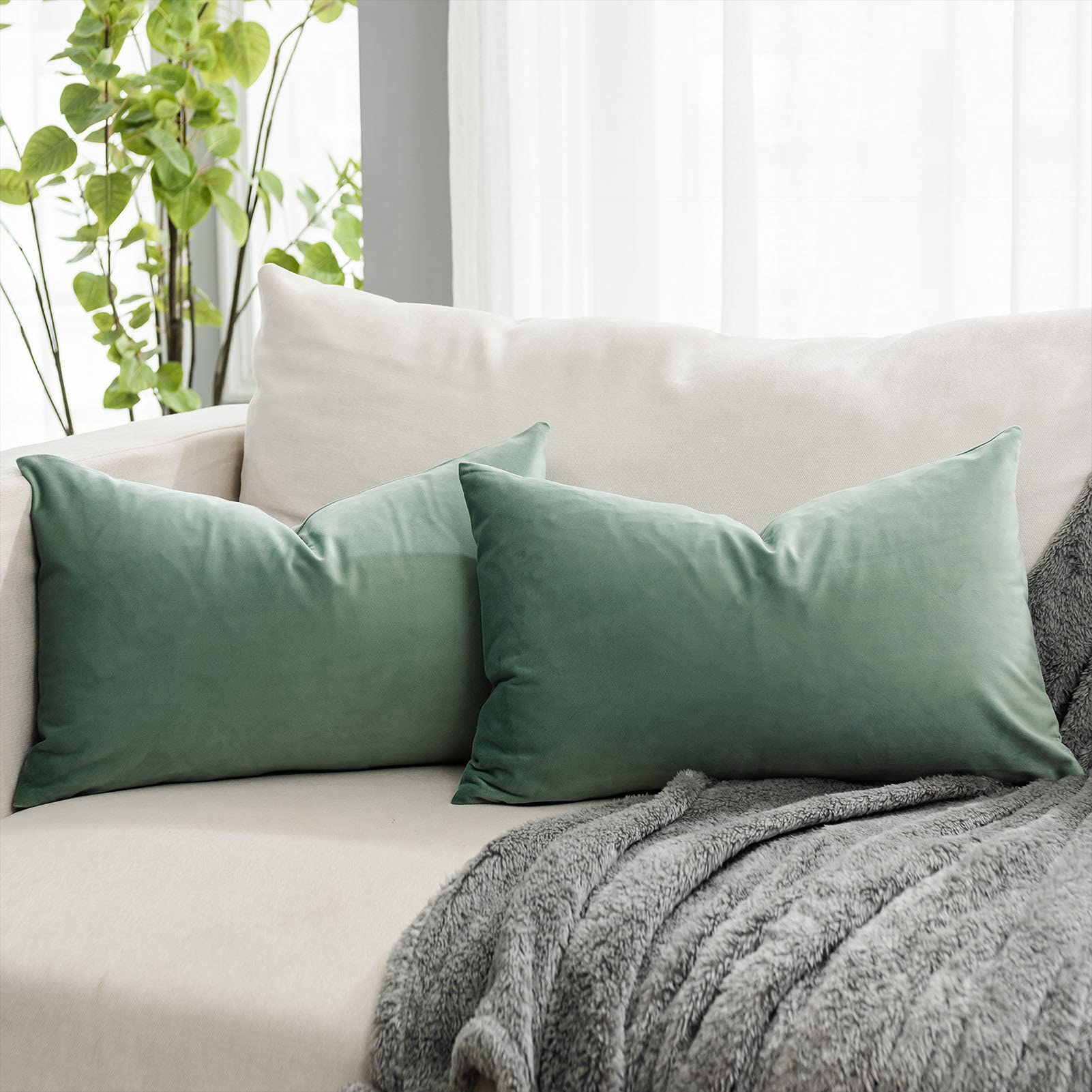 Quafoo Sage Decorative Lumbar Velvet Throw Pillow Covers 12X20 Inch Set Of 2 With Zipper Luxury Soft Solid Rectangle Cushion Cov