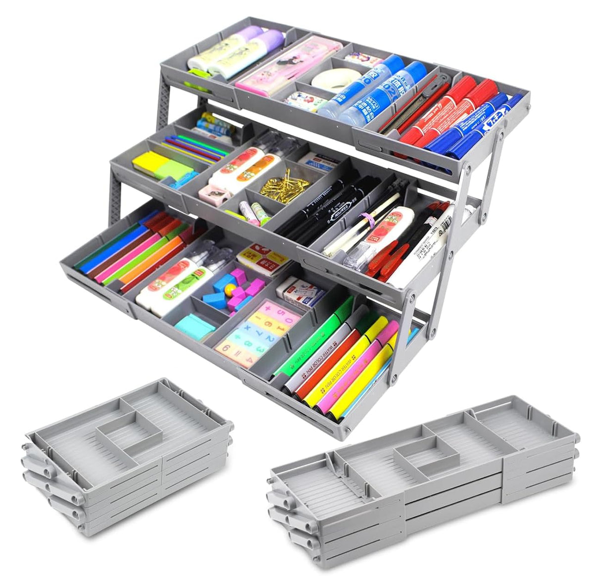 3 Tier Smart Collapsible Drawer Organizer,Multi Level Stacking Folding Junk Organizer, Foldable Expandable Pop Up Tray, Expandin