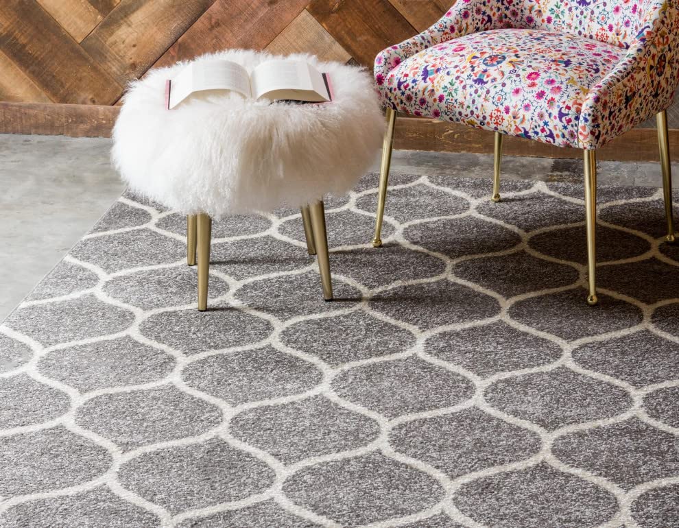 Unique Loom Trellis Frieze Collection Area Rug - Rounded (5' 1'' X 8', Light Gray/ Ivory)