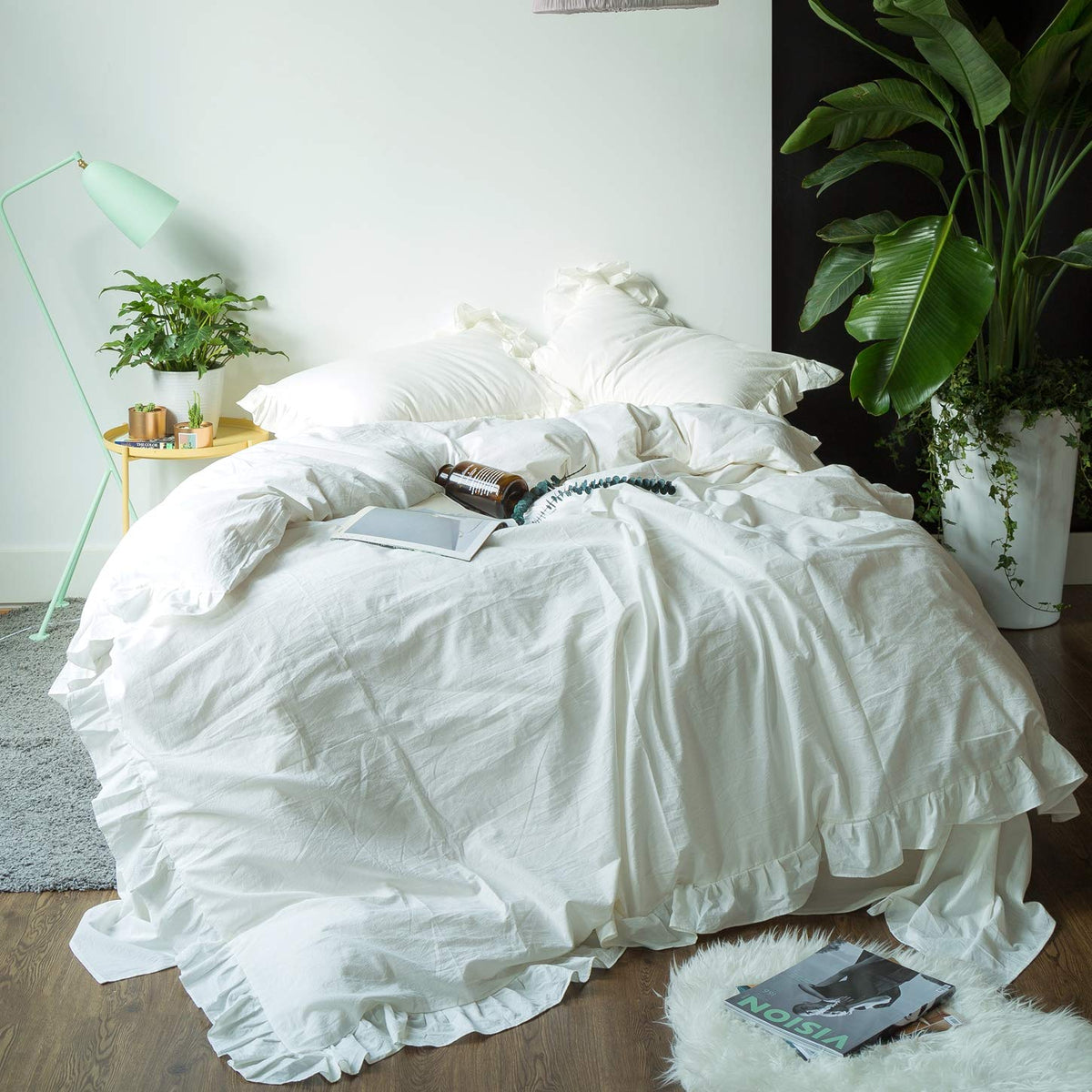 Susybao Vintage Ruffled Duvet Cover King 100% Washed Cotton Cute Lace Duvet Cover 3 Pcs Set 1 Farmhouse Shabby Chic Duvet Cover