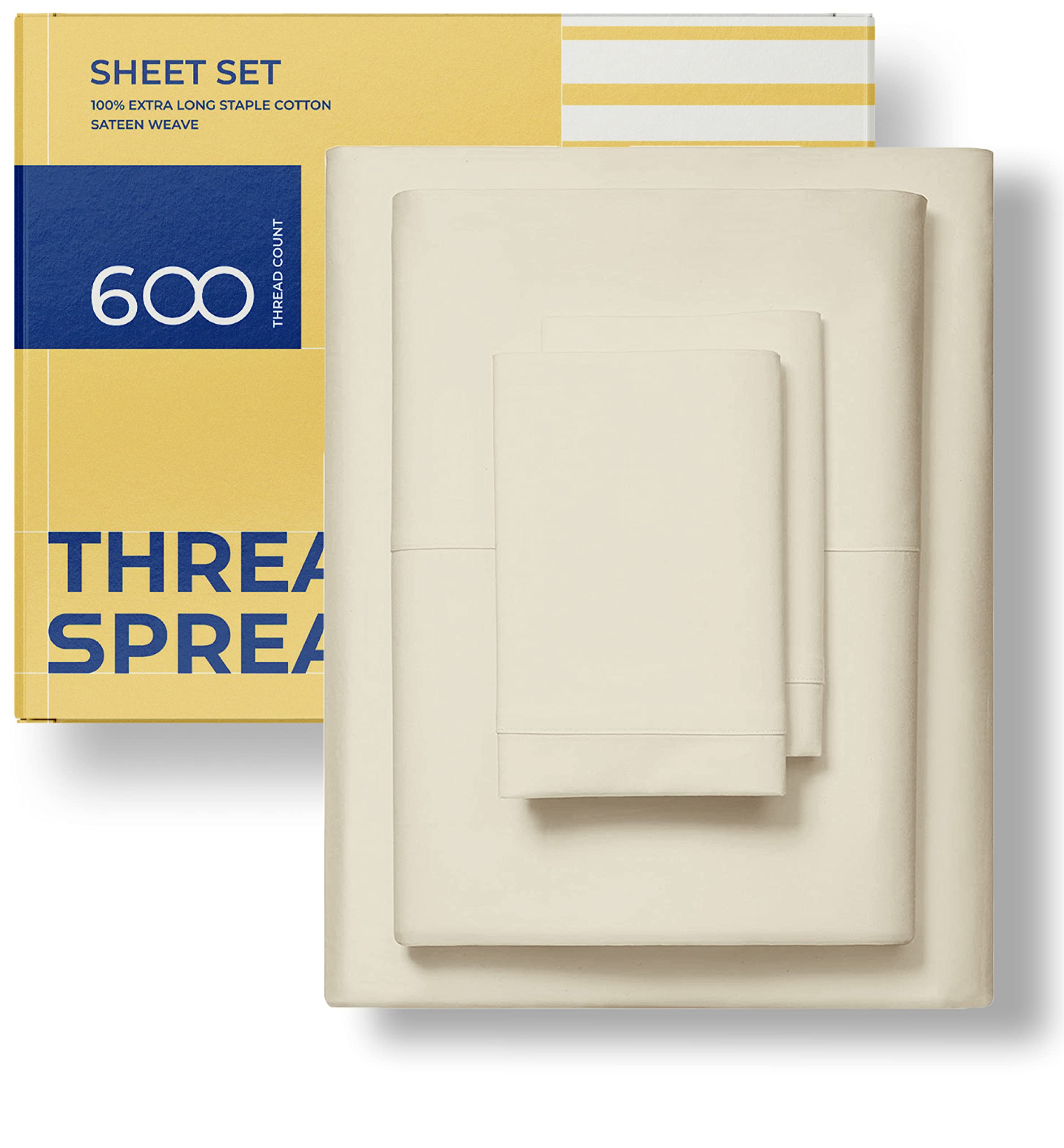 Thread Spread Luxury Sheets 600 Thread Count - Egyptian Cotton Quality Split King Size Sheet Set - Deep Pocket Fitted Bedding Sheets & Pillowcases - 4 Pc Breathable - Sand Sheets For Boys & Girls