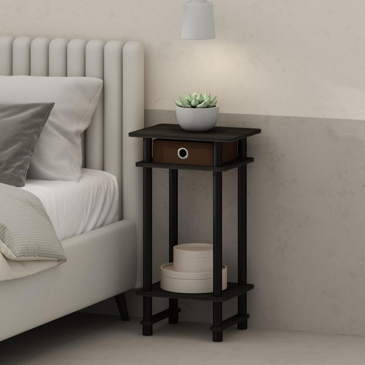 Furinno Turn-N-Tube Tall Nightstand With Bin, 1-Pack, Plastic Poles, Espresso/Brown