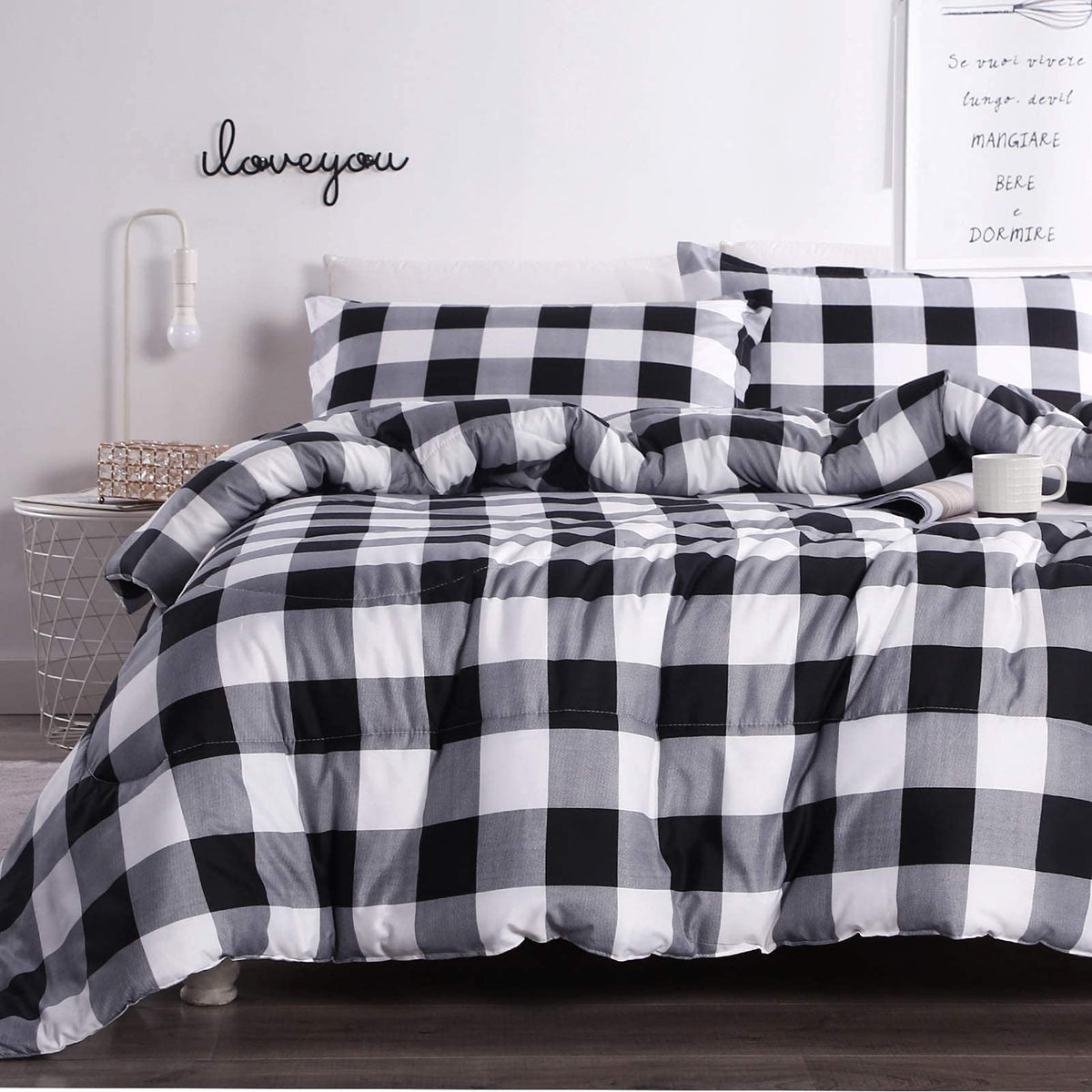 Andency Black Plaid Comforter Set Full Size (79X90 Inch), 3 Pieces (1 Gingham Comforter And 2 Pillowcases), Summer Lightweight M