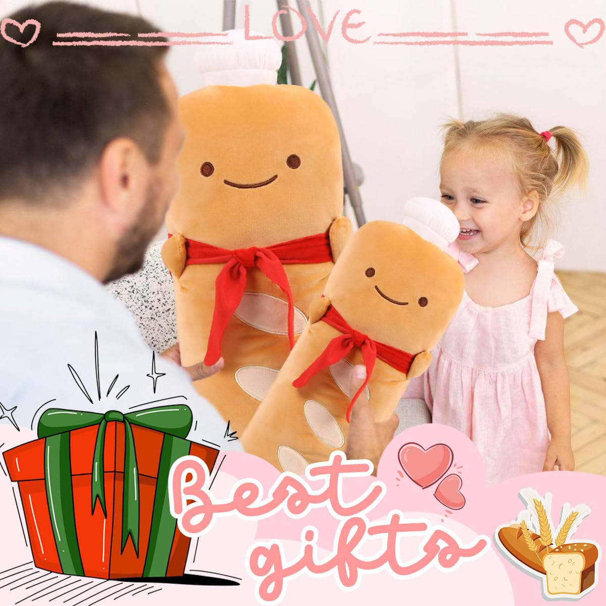 Arelux Funny 21.6In Toast Baguette Pillow,French Baguette Shape Plush Hugging Pillow With Red Scarf,Soft Toast Food Sofa Cushion