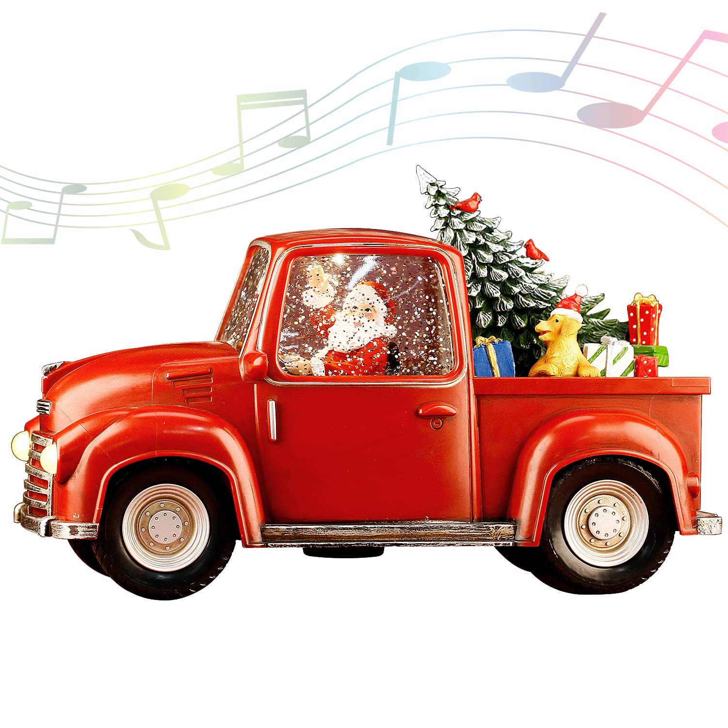 Lighted Vintage Red Truck Decor, 11.3 Musical Christmas Snow Globe with Swirling Glitter, Santa Claus in Truck Car Model, Light-
