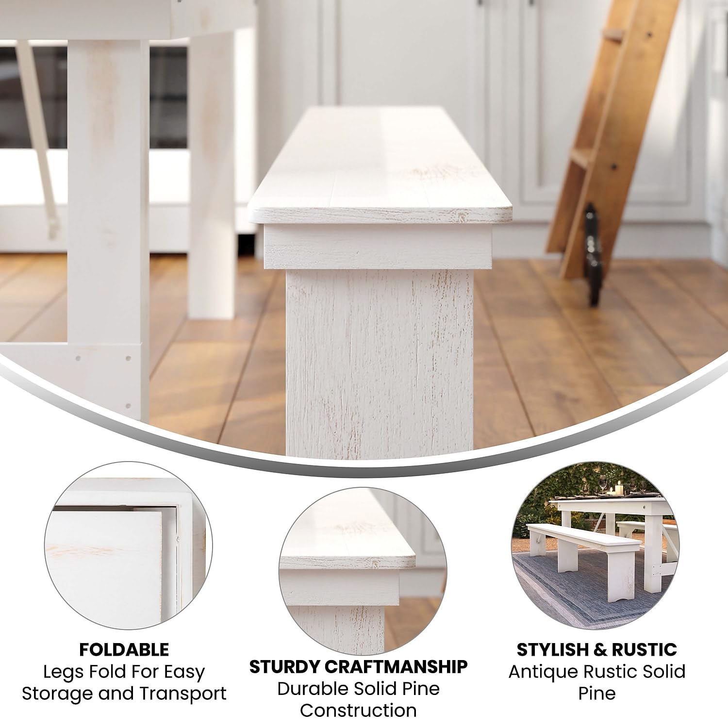 Flash Furniture Hercules Commercial Grade Farmhouse 3 Leg Bench - Solid Pine Foldable Bench with Seating for 4 - 8'x12&quot; - Antique Rustic White