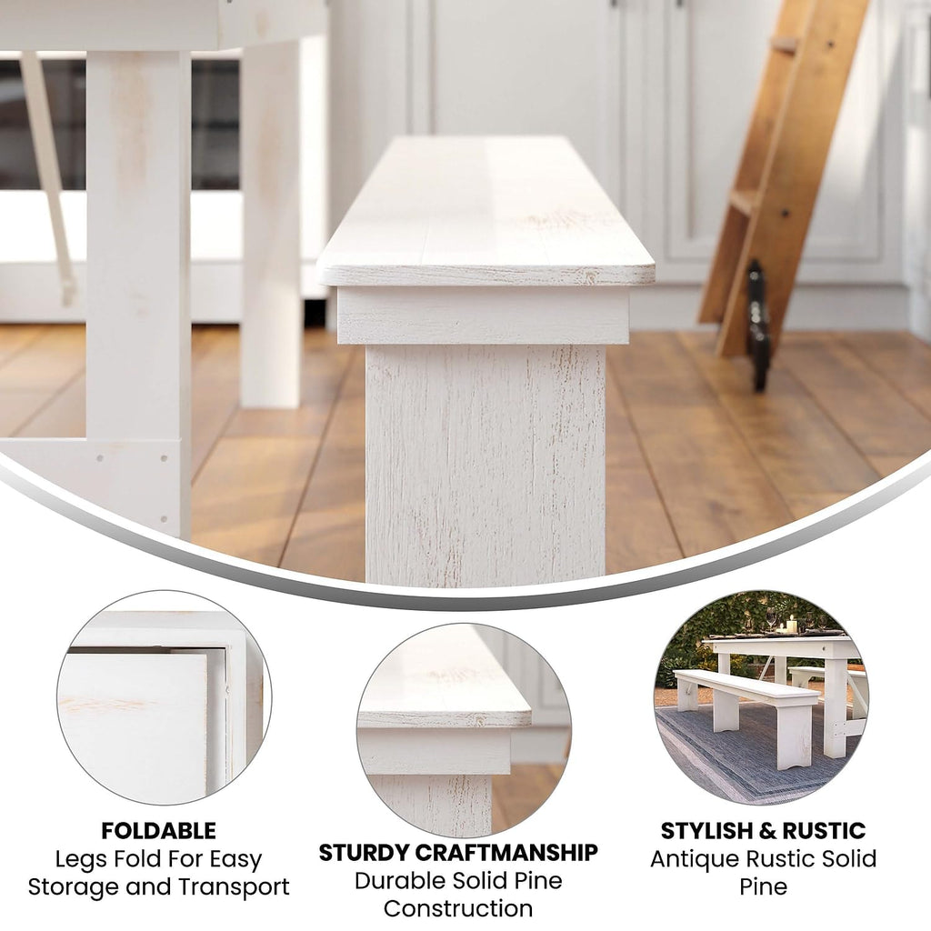 Flash Furniture Hercules Commercial Grade Farmhouse 3 Leg Bench - Solid Pine Foldable Bench with Seating for 4 - 8'x12" - Antique Rustic White