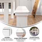 Flash Furniture Hercules Commercial Grade Farmhouse 3 Leg Bench - Solid Pine Foldable Bench with Seating for 4 - 8'x12" - Antique Rustic White