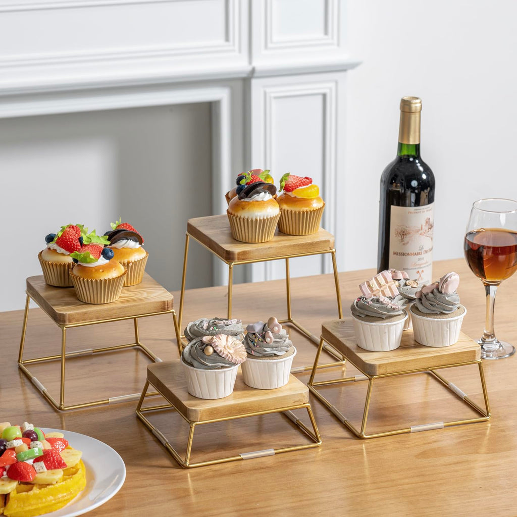 Mygift 6 Inch Square Burnt Natural Solid Wood And Gold Tone Metal Wire Cupcake Dessert Risers, Tabletop Pizza Food Serving Stand