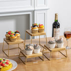 Mygift 6 Inch Square Burnt Natural Solid Wood And Gold Tone Metal Wire Cupcake Dessert Risers, Tabletop Pizza Food Serving Stand