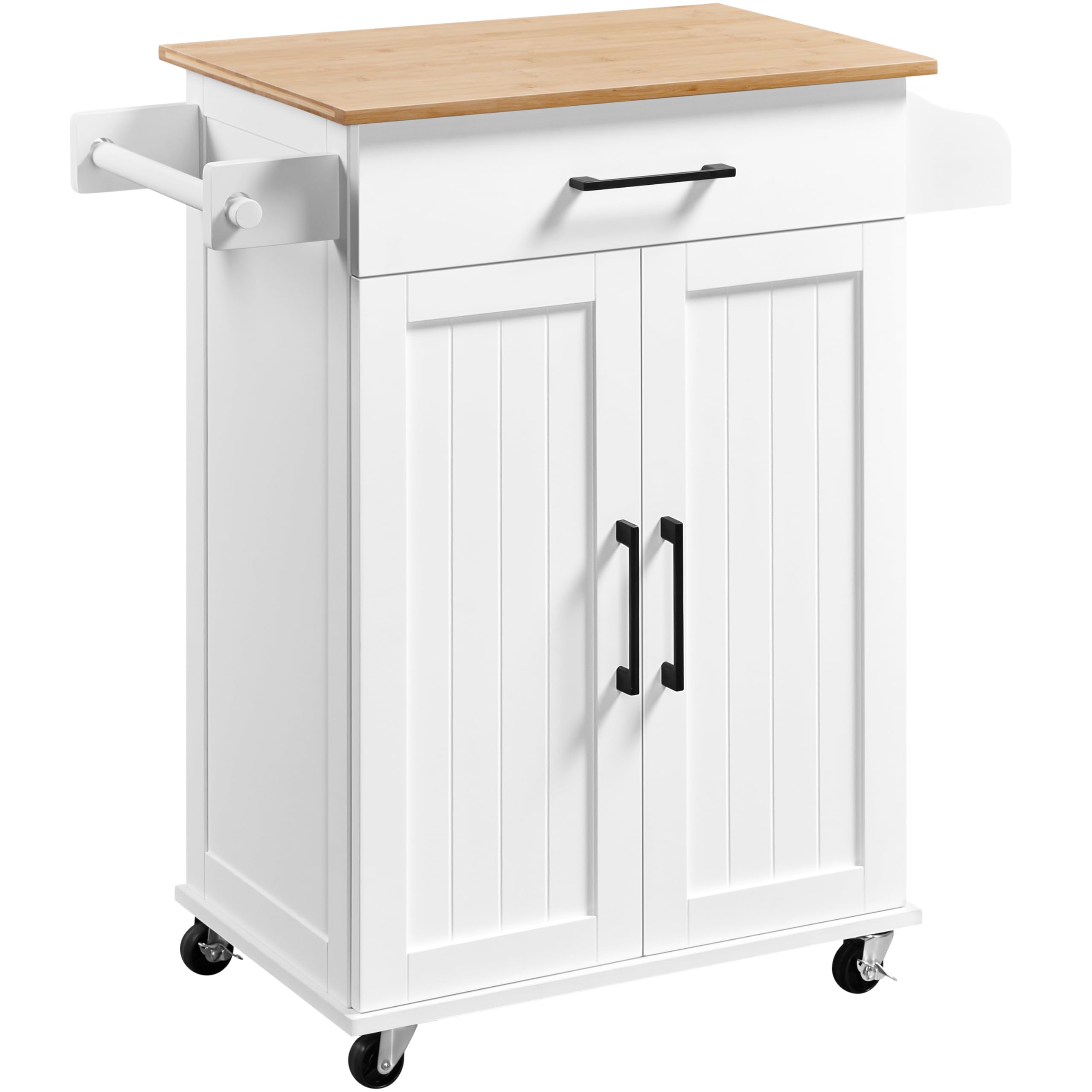 Yaheetech Kitchen Cart With Bamboo Tabletop, 32' Width Rolling Kitchen Island With Drawer And Adjustable Shelf, Storage Cabinet With Spice Rack Towel Bar For Dining Room Kitchen Living Room, White