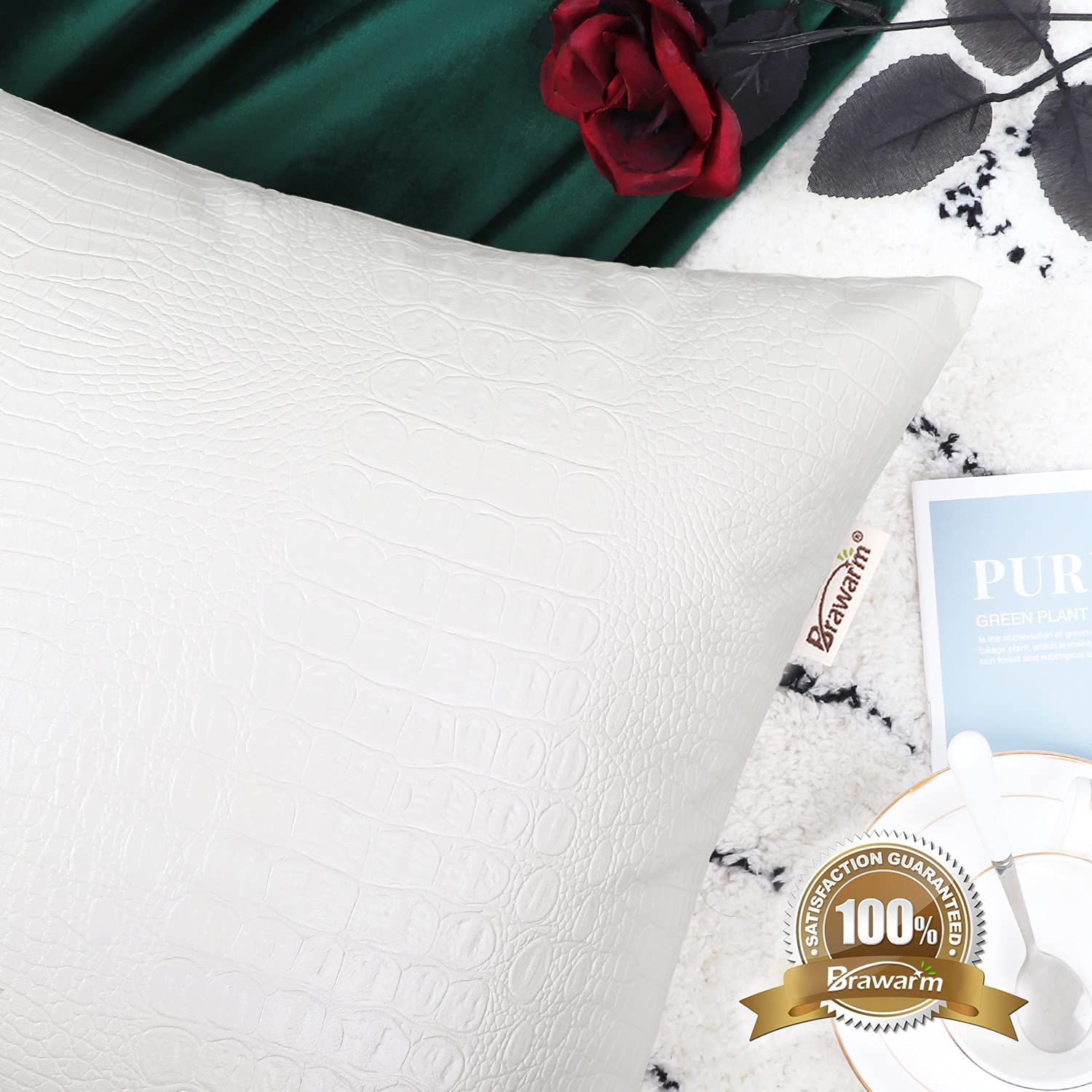 Brawarm Faux Leather Pillow Covers 18 X 18 Inches, White Leather Pillow Covers Pack Of 2, Crocodile Leather Decorative Throw Pil