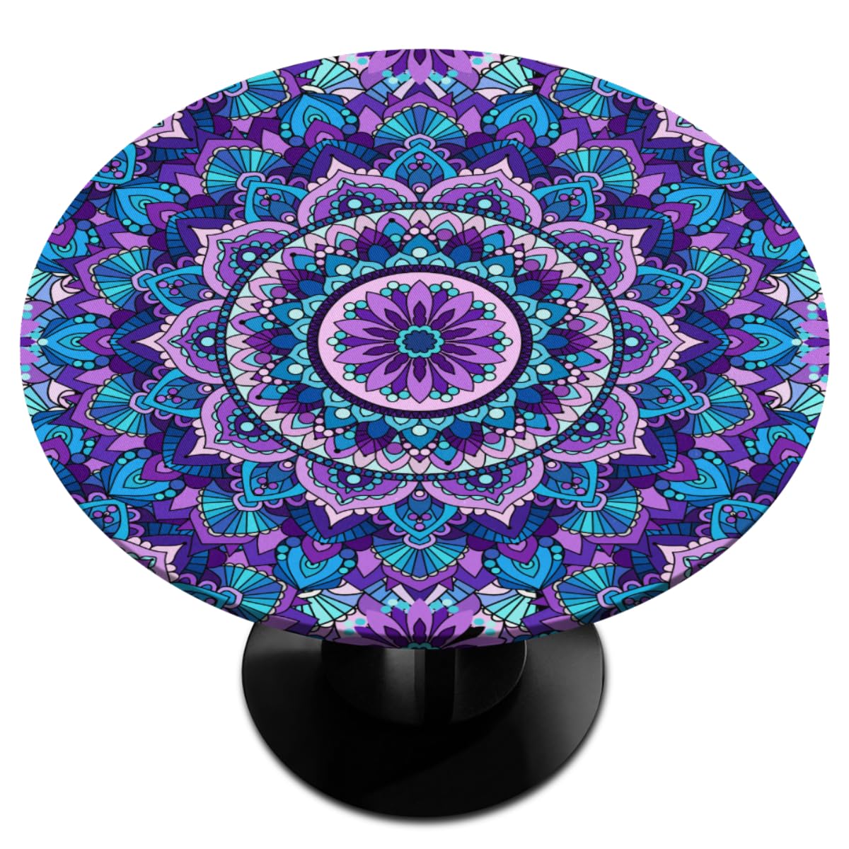Purple Mandala Round Tablecloth With Elastic Edge Boho Ethnic Round Fitted Table Cover Waterproof Wipeable Round Table Cloths Fo