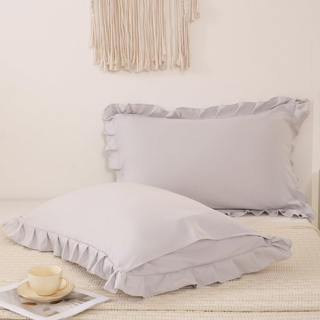Beige Gray Pillow Shams Cute Ruffle Standard Pillowcases Solid Pillow Cover Set Of 2 Shabby Chic Soft Light Gray Pillowcases 2 P