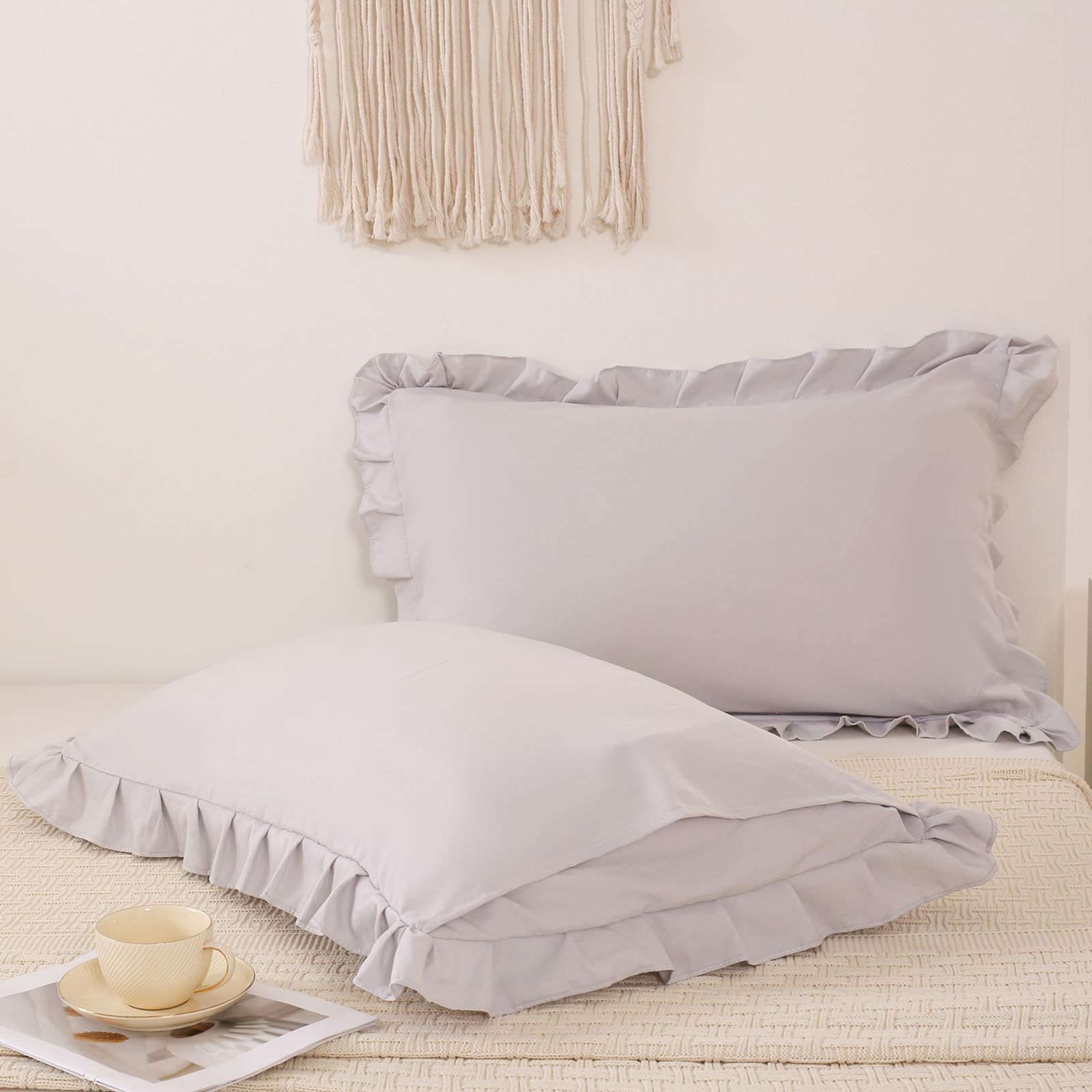 Beige Gray Pillow Shams Cute Ruffle Standard Pillowcases Solid Pillow Cover Set Of 2 Shabby Chic Soft Light Gray Pillowcases 2 P