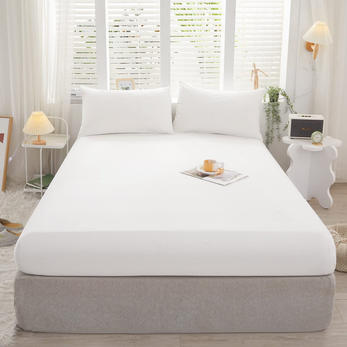 Lifetown 100% Jersey Knit Cotton Sheet, Extra Deep Pocket Sheet, 1 Fitted Sheet With 2 Pillowcases, Wrinkle-Free Ultra Soft (Whi