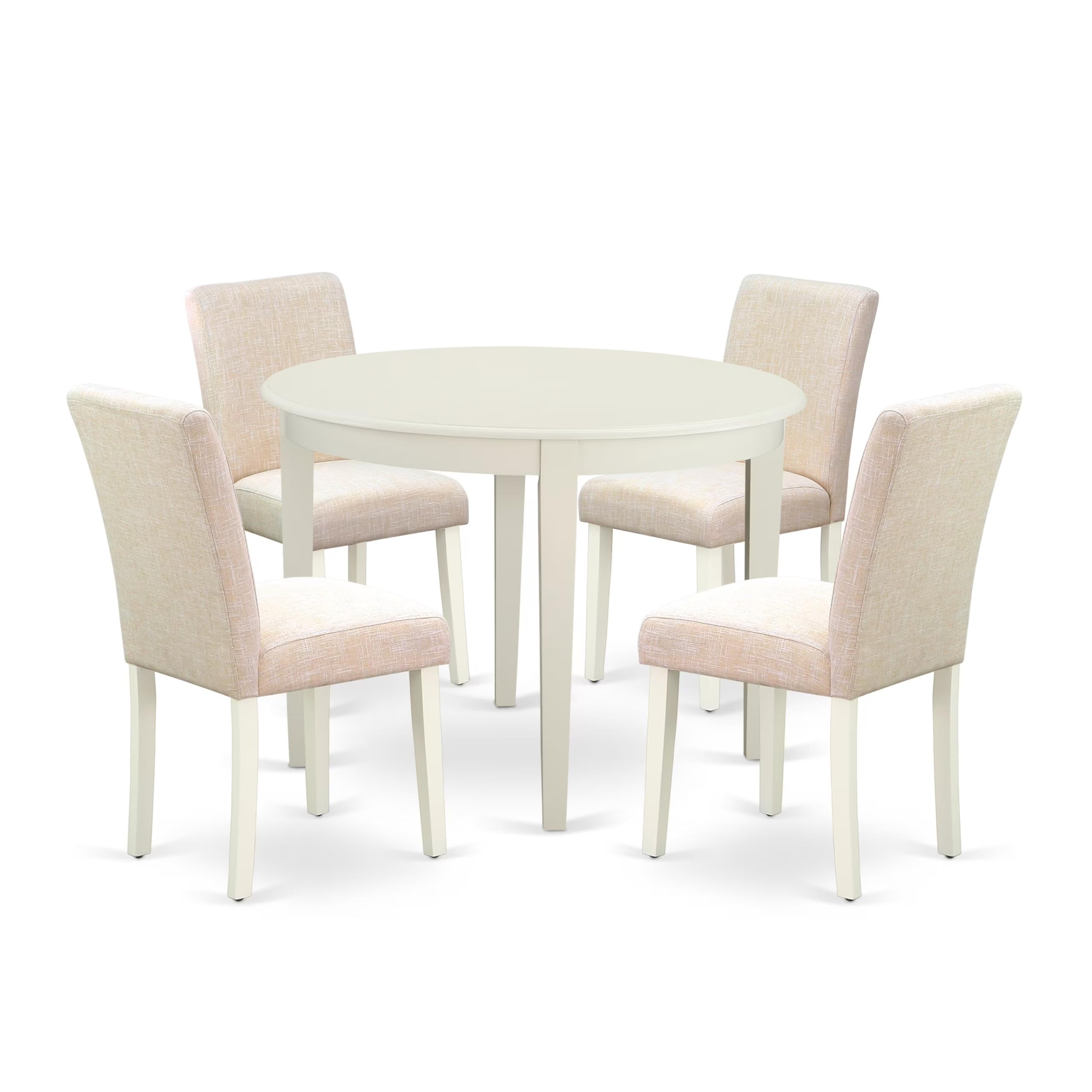 East West Furniture Boab5-Lwh-02 5 Piece Dining Set Includes A Round Kitchen Table And 4 Light Beige Linen Fabric Parsons Dining Chairs, 42X42 Inch, Linen White