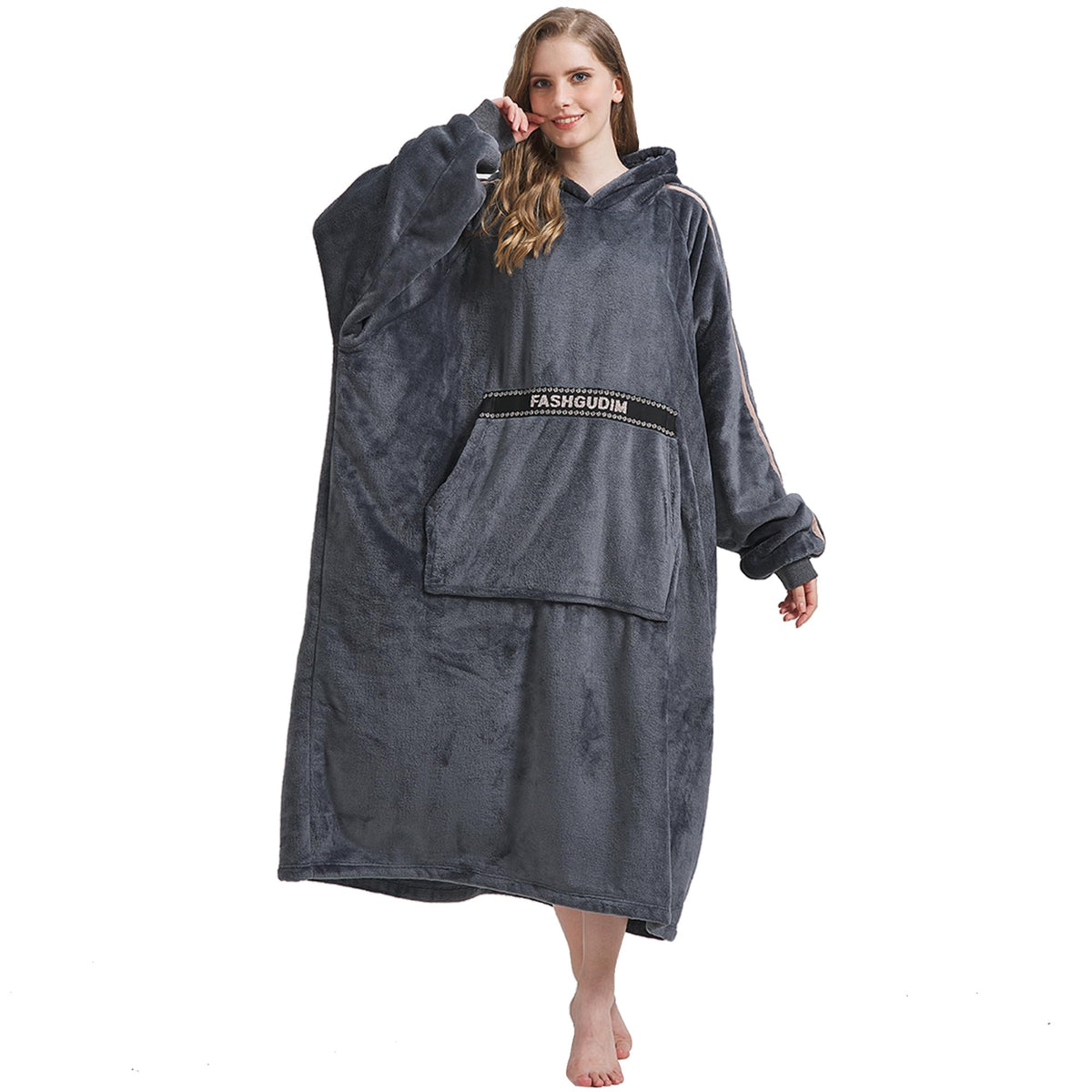 Fashgudim 400Gsm Oversized Extra Long Wearable Blanket Hoodie For Women With Giant Pocket (Navy)