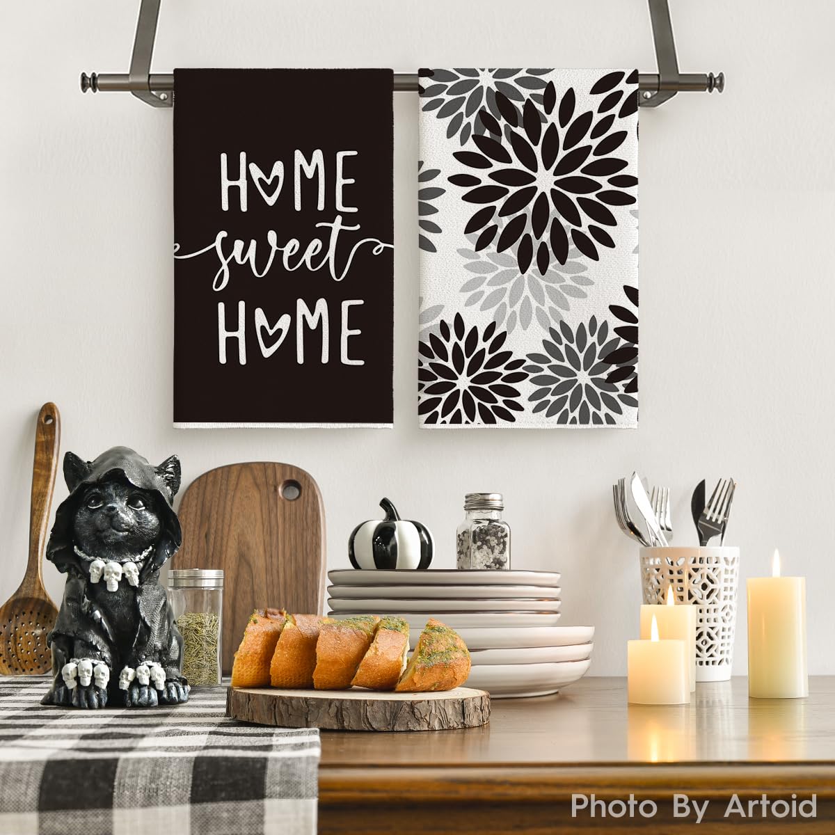 Artoid Mode Black Stripes Home Sweet Home Boho Halloween Kitchen Towels Dish Towels, 18X26 Inch Seasonal Decoration Hand Towels