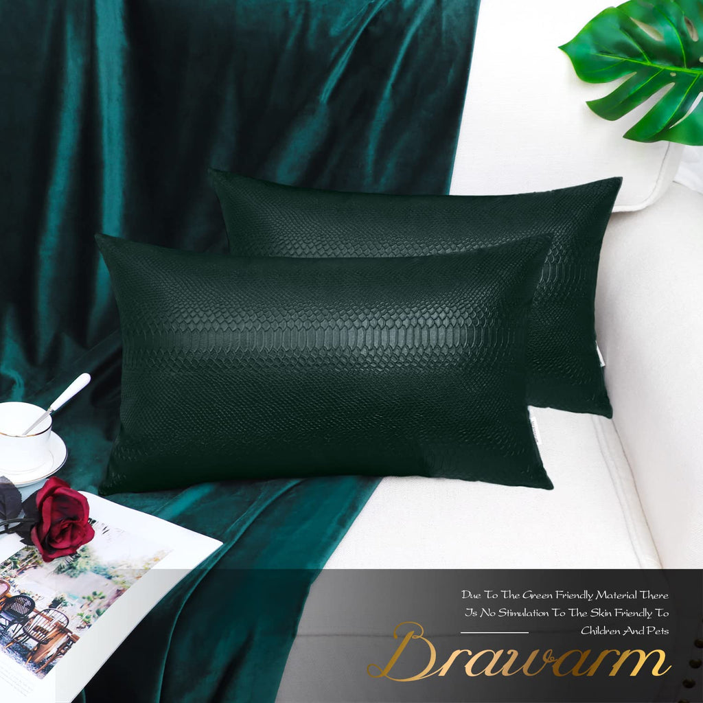 Brawarm Dark Green Leather Throw Pillows 12 X 20 Inches, Snake Leather Pillow Covers Pack Of 2, Faux Leather Decorative Lumbar P