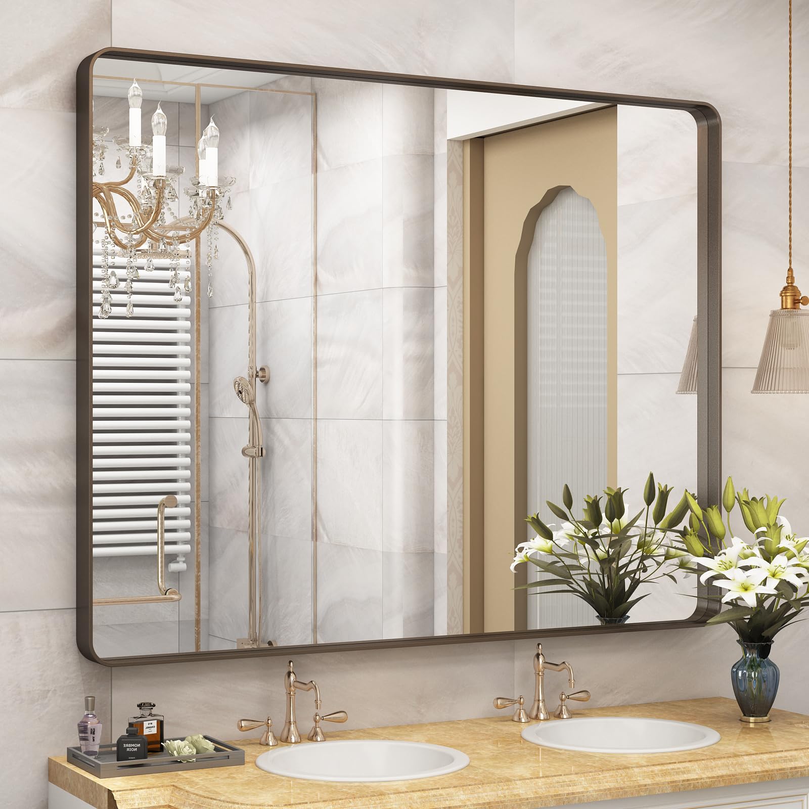 CHARMOR 48x40 Bronze Bathroom Mirror, Brushed Bronze Metal Frame Mirrors for Wall, Rounded Rectangle Bronze Mirror for Vanity,Fa