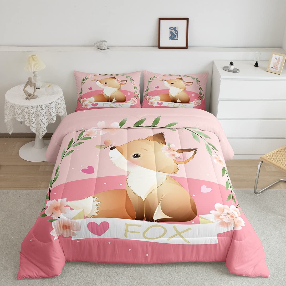 Feelyou Girls Cartoon Fox Comforter Set Cute Fox Bedding Set for Kids Boys Girls Kawaii Animal Duvet Set Botanical Floral Comfor
