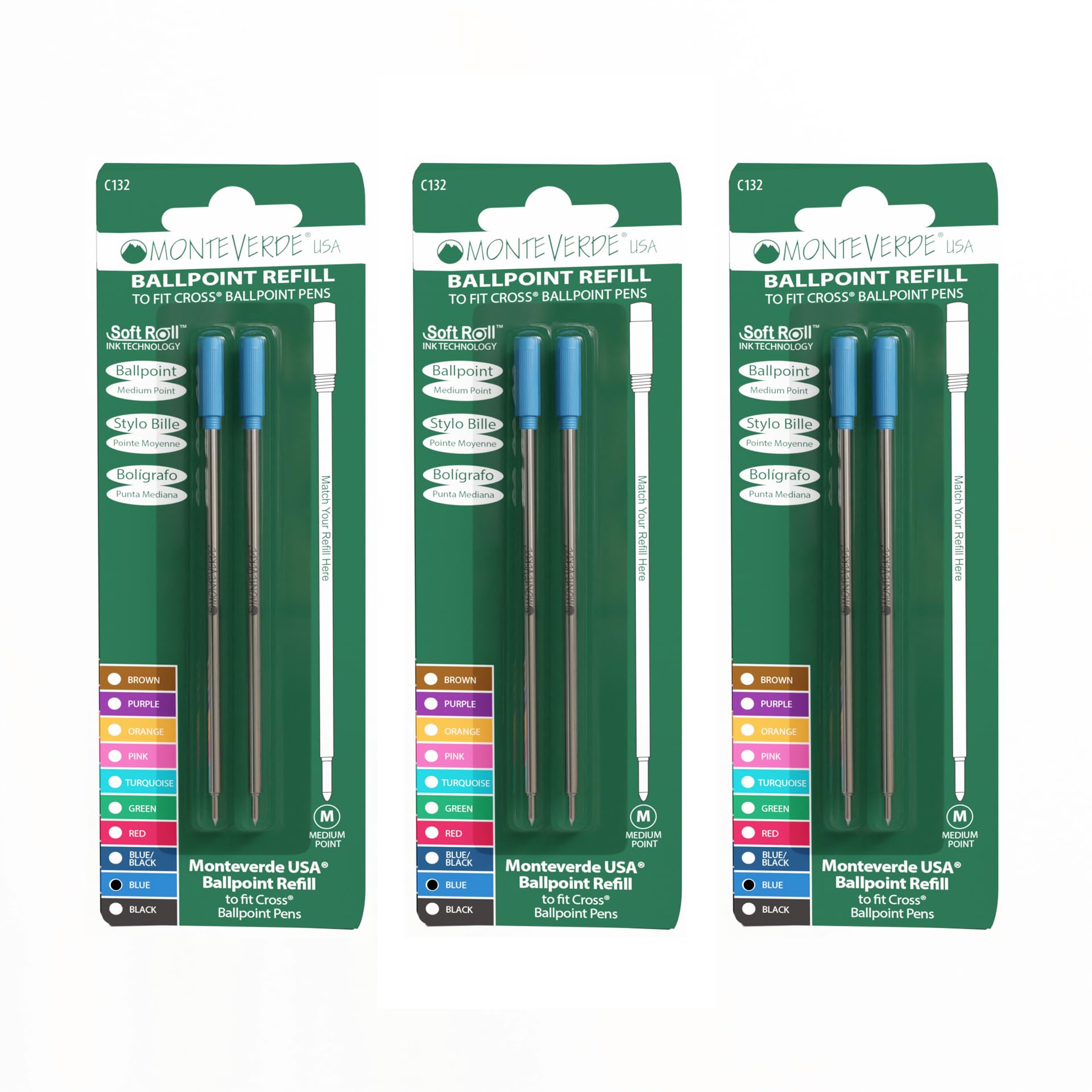 Monteverde Ballpoint Refill To Fit Cross Ballpoint Pens, Medium Point, Blue, 6 Pack (C133Bu)