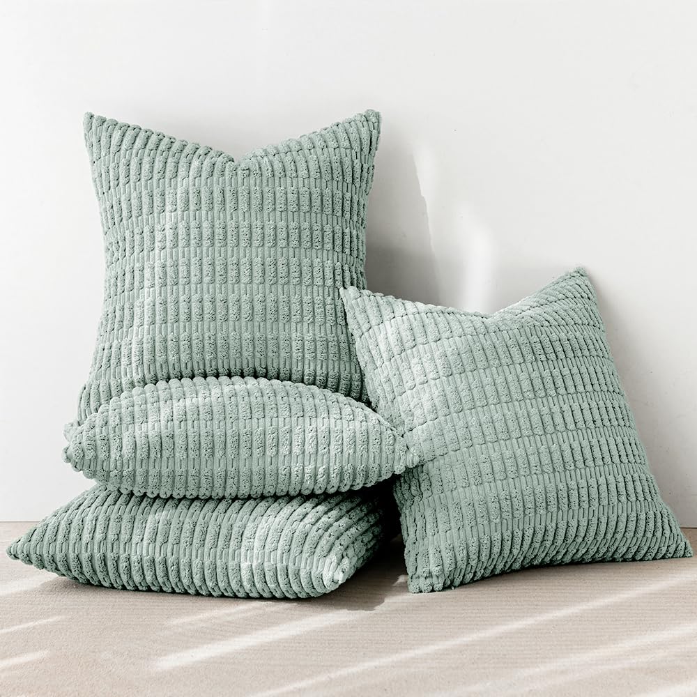 Miulee Pack Of 4 Aqua Green Corduroy Decorative Throw Pillow Covers 18X18 Inch Soft Boho Striped Pillow Covers Modern Farmhouse