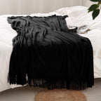 Homiest Decorative Knitted Throw Blanket With Fringe, Lightweight Blanket Acrylic Knit Blanket, Soft & Cozy Tassel Blanket For Couch Sofa Bed (Black, 50 X 60 Inch), Bls2405312001