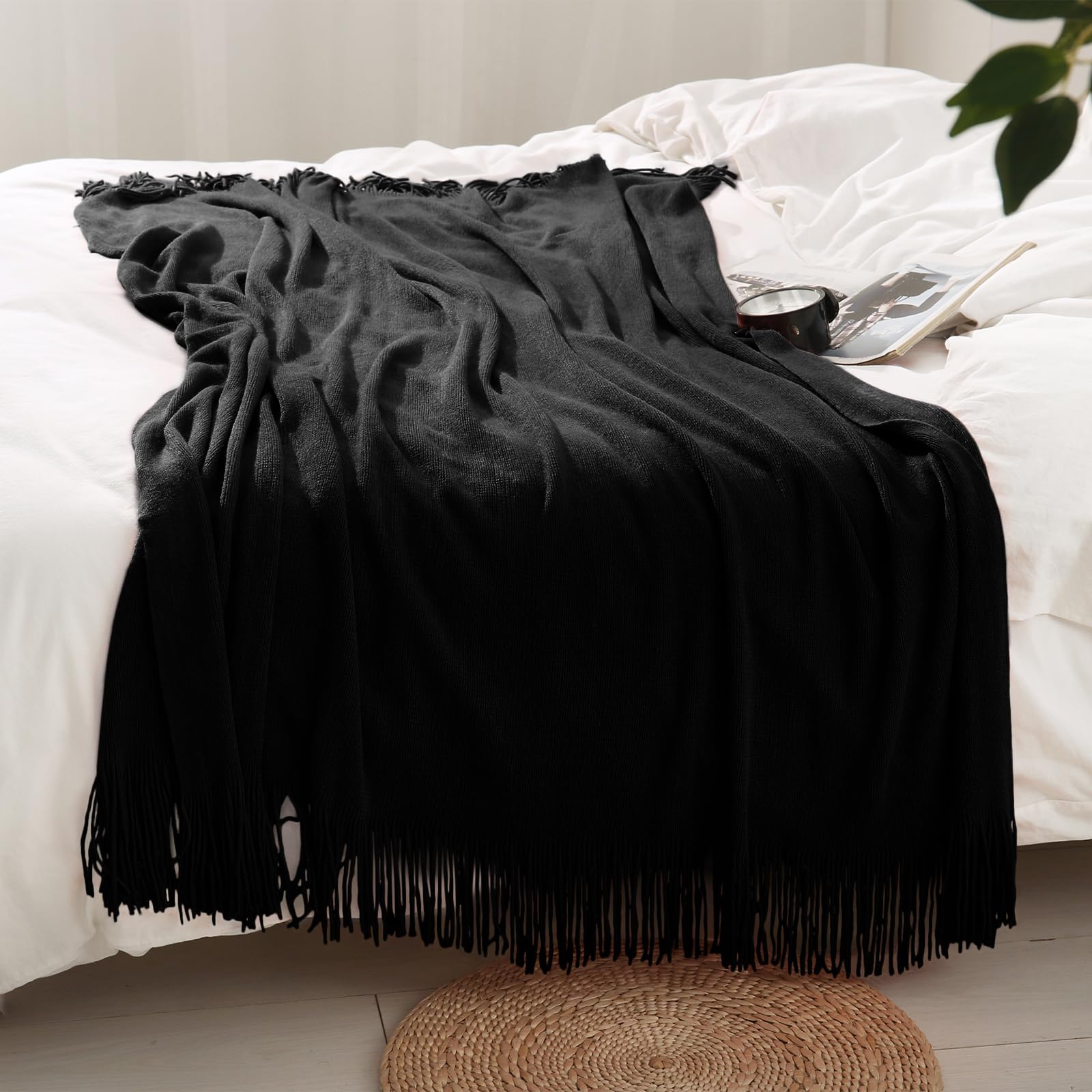 Homiest Decorative Knitted Throw Blanket With Fringe, Lightweight Blanket Acrylic Knit Blanket, Soft & Cozy Tassel Blanket For Couch Sofa Bed (Black, 50 X 60 Inch), Bls2405312001
