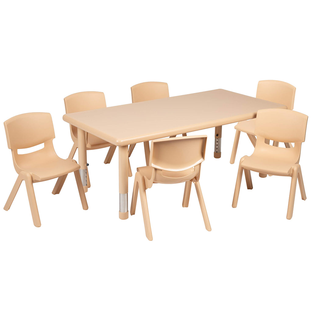 Flash Furniture Adjustable Classroom Activity Table with 6 Stackable Chairs, Rectangular Plastic Activity Table for Kids, 24" W x 48" L, Natural