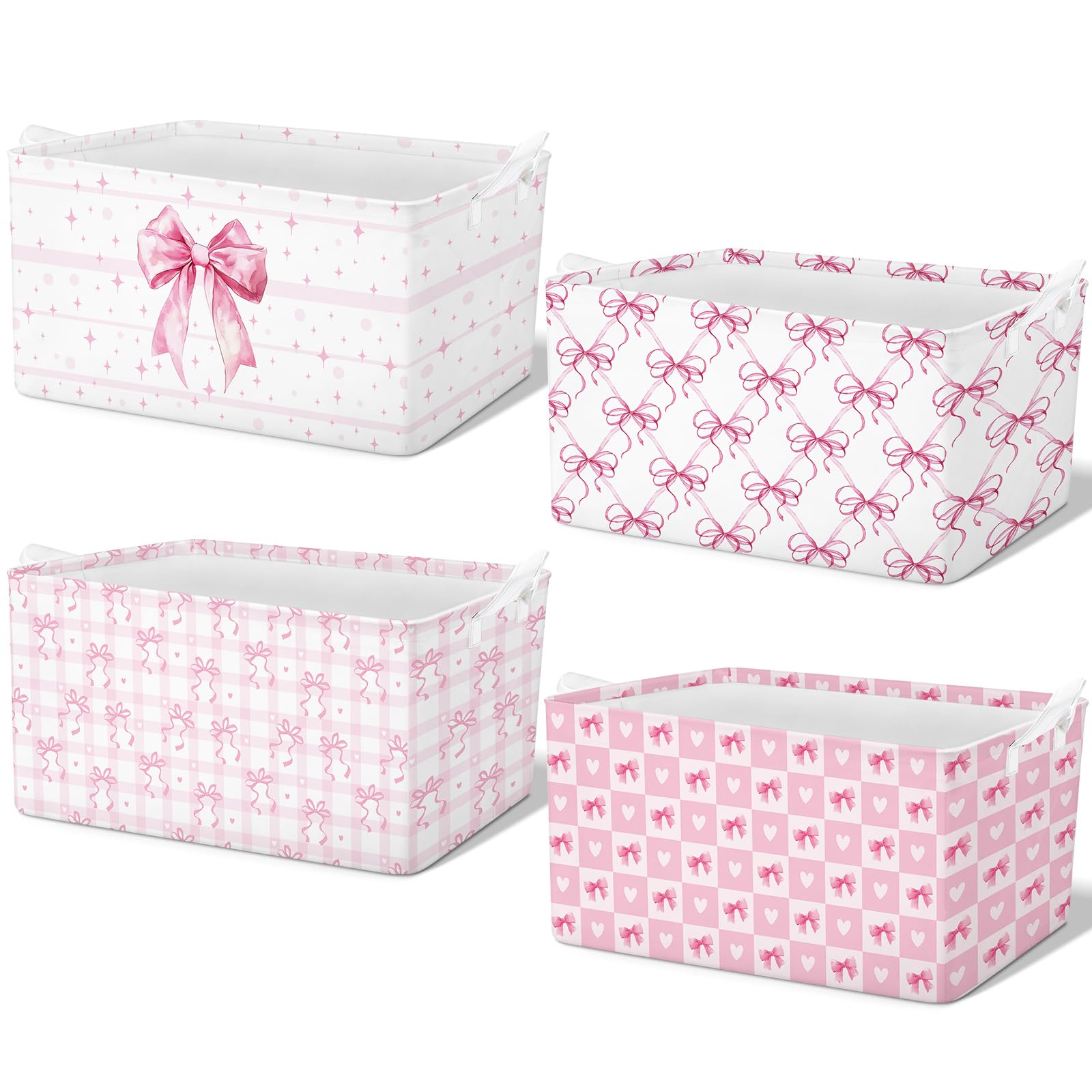 Bulyoou 4 Pcs Pink Bow Storage Basket for Gifts Collapsible Girls Coqutte Pink Storage Bins with Handle Cute Preppy Foldable Lau