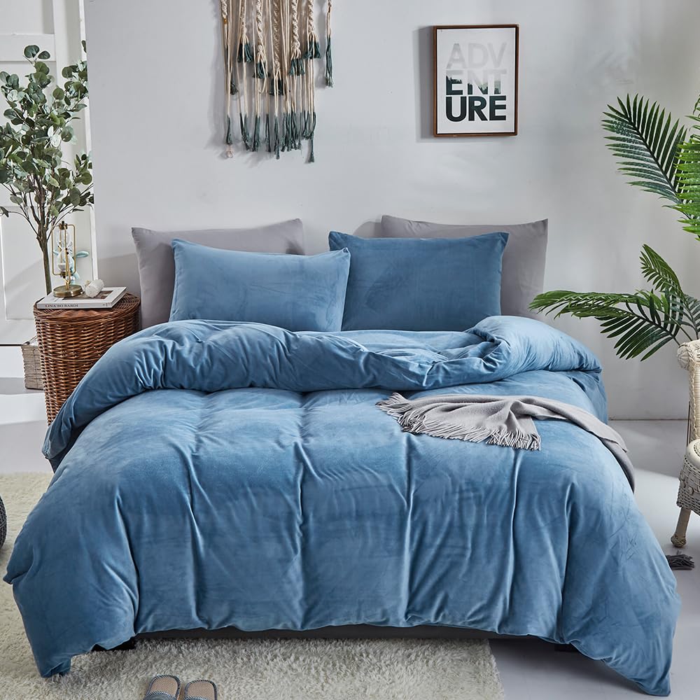 Clothknow Blue Velvet Queen Comforter Set 3Pcs Fluffy Bedding Comforter Sets Soft Lake Blue Comforter Grayish Blue Comforter With 2 X Pillowcases